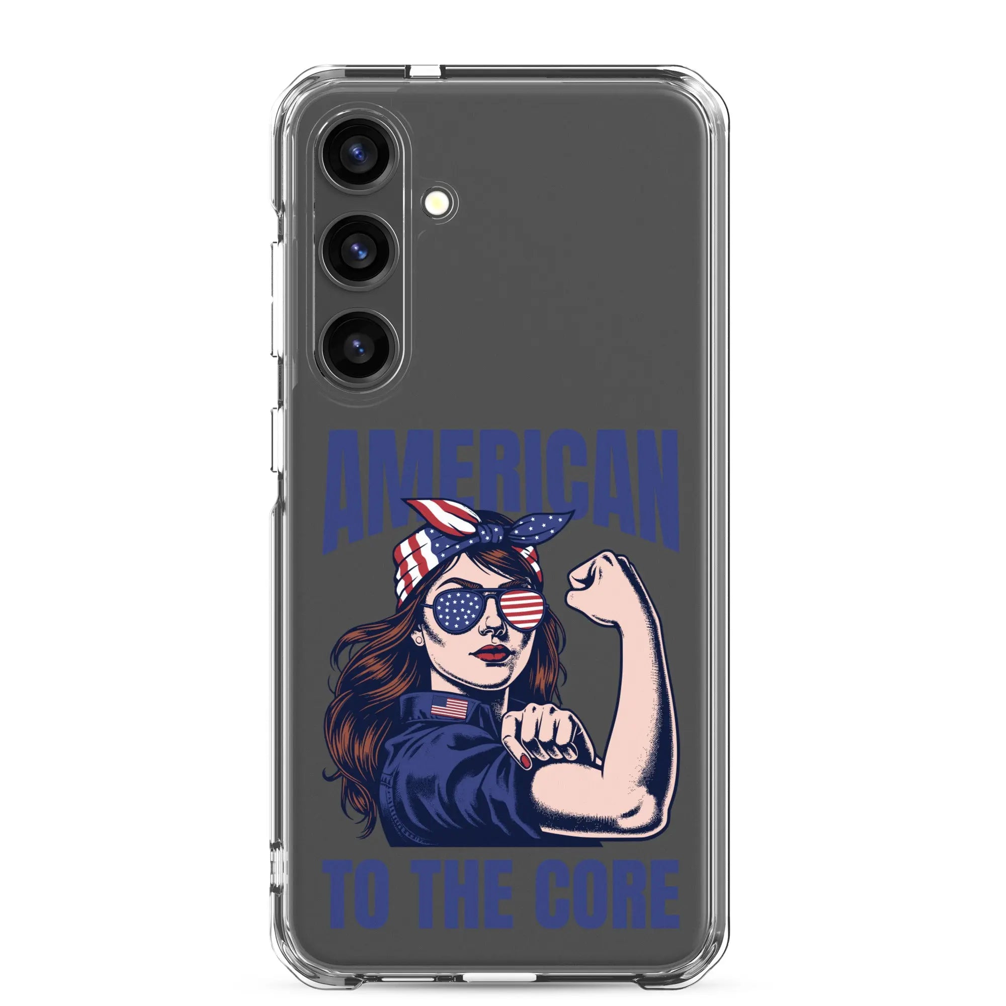 Patriotic Samsung phone clear case with a woman flexing and the text "American To The Core."