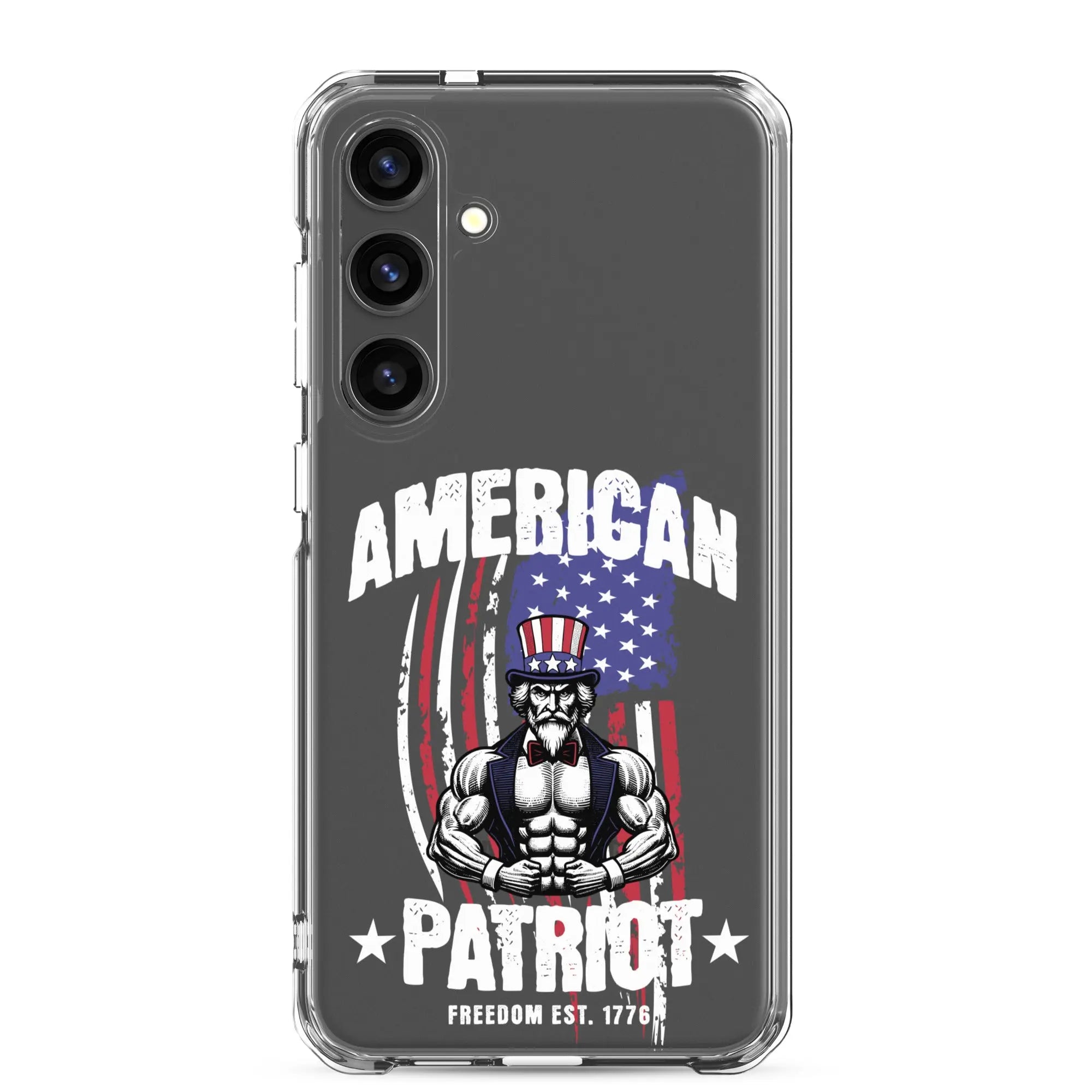 Patriotic Samsung clear phone case with a flexing uncle sam and the text "American Patriot"