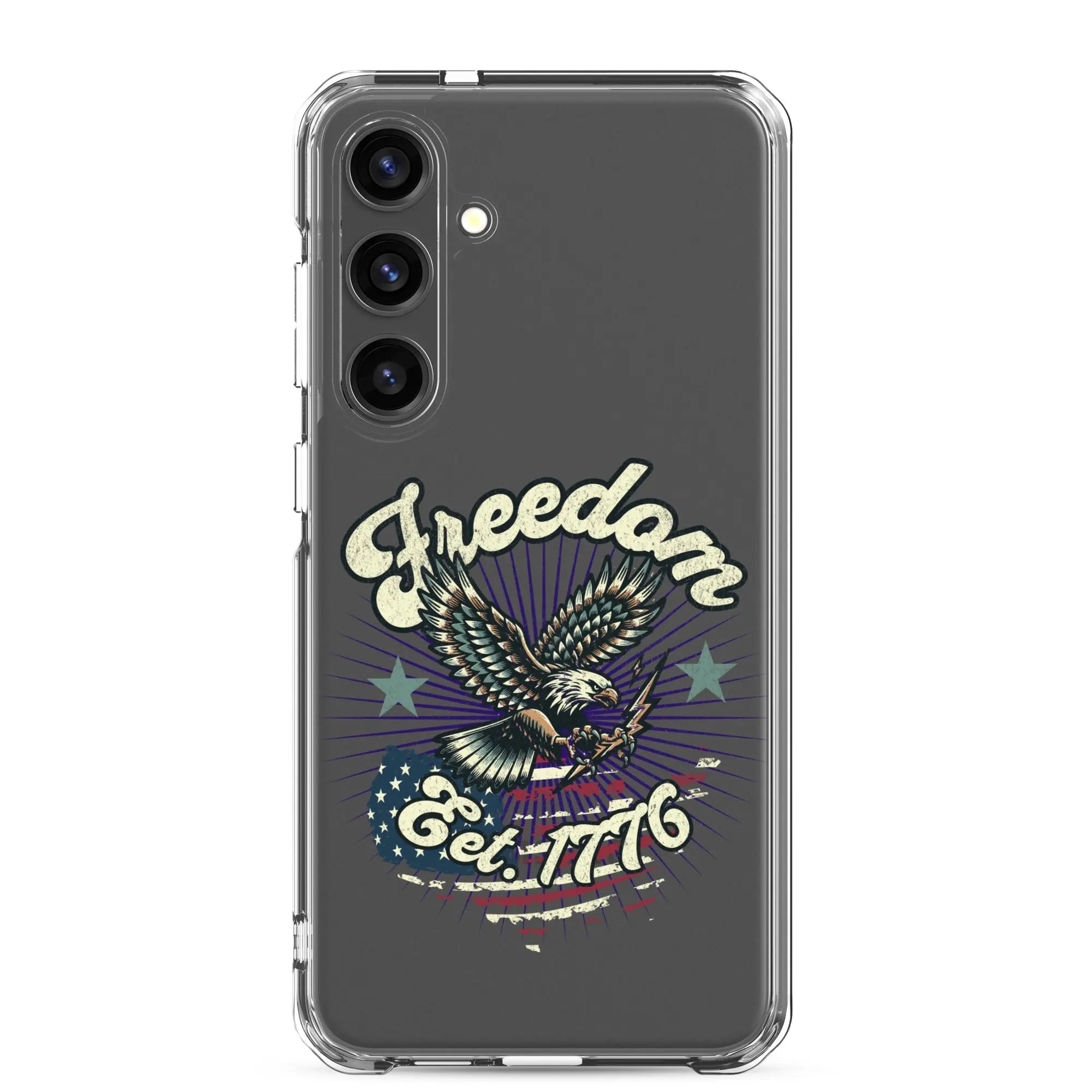 Patriotic Samsung clear phone case with an eagle design and the text "Freedom est. 1776."
