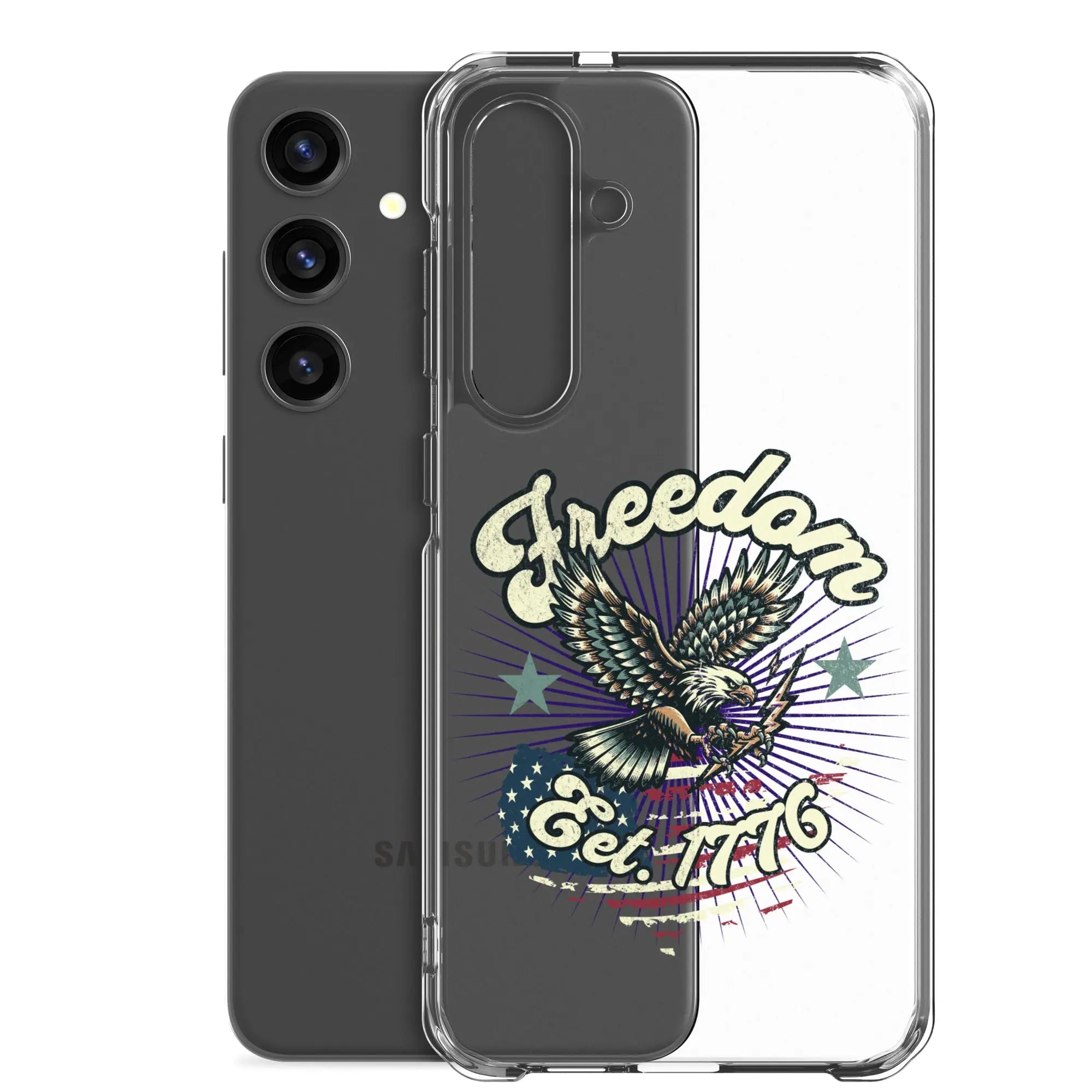 Patriotic Samsung clear phone case with an eagle design and the text "Freedom est. 1776."