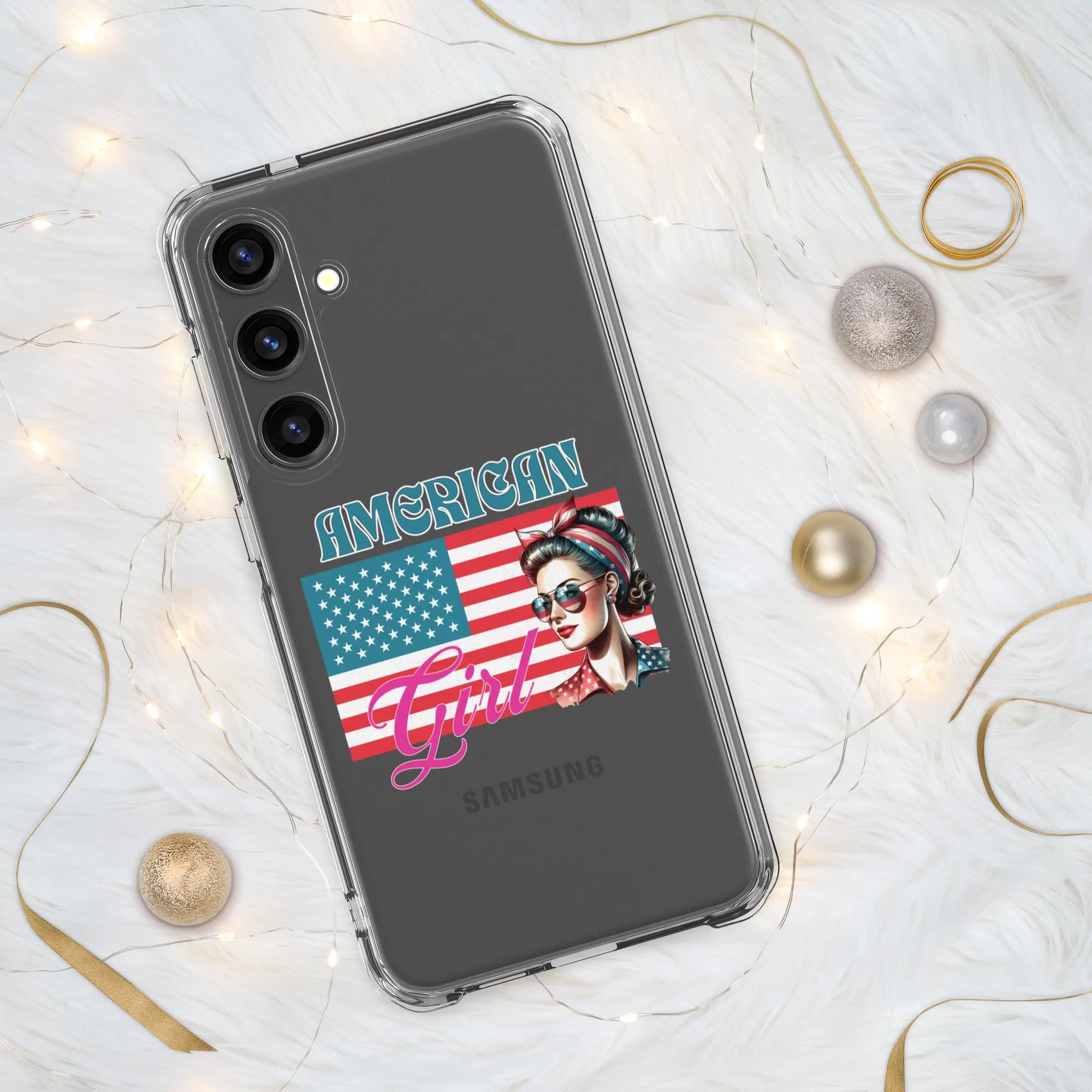 A patriotic Samsung phone clear case with the American flag and a woman's head on it and the text "American Girl."