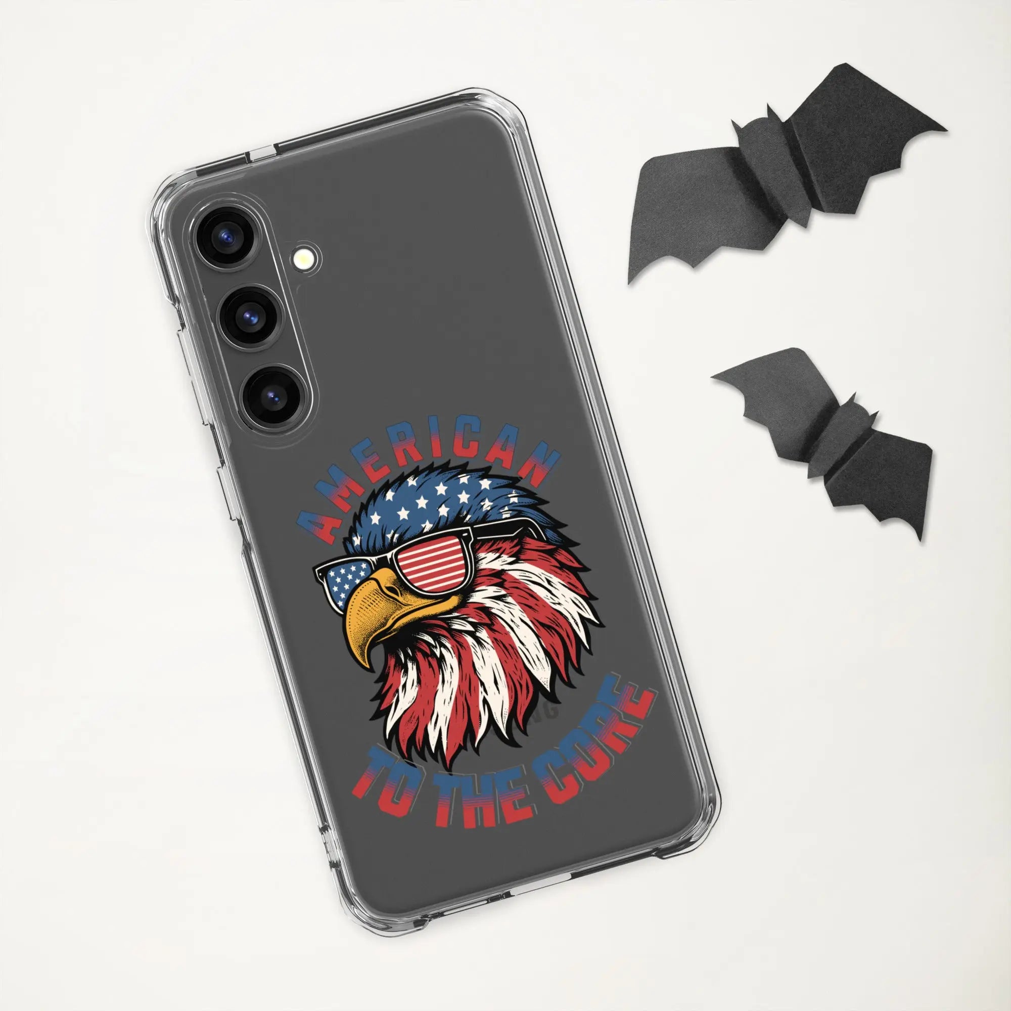 A patriotic Samsung phone clear case with an eagle head and the text "American To The Core."