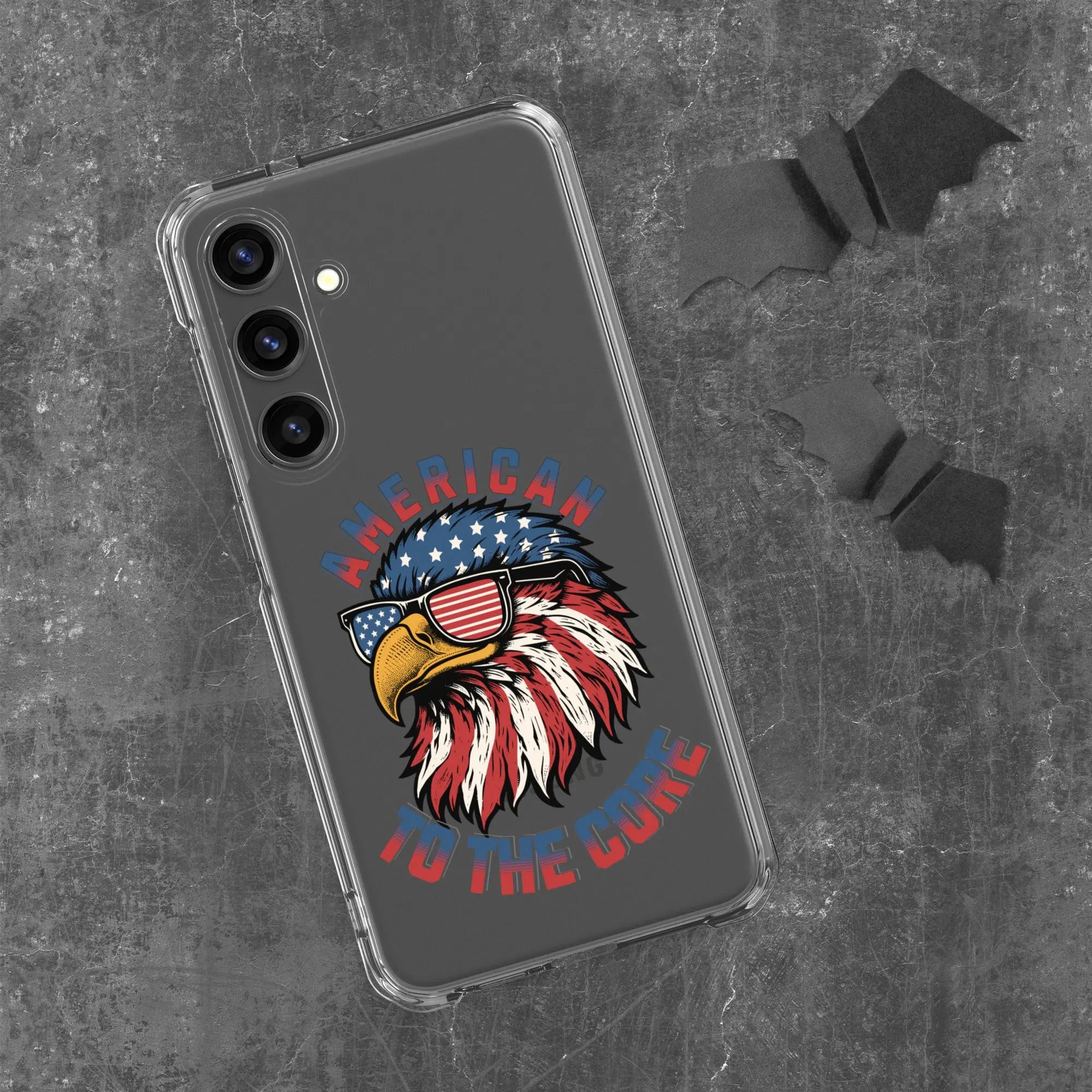 A patriotic Samsung phone clear case with an eagle head and the text "American To The Core."