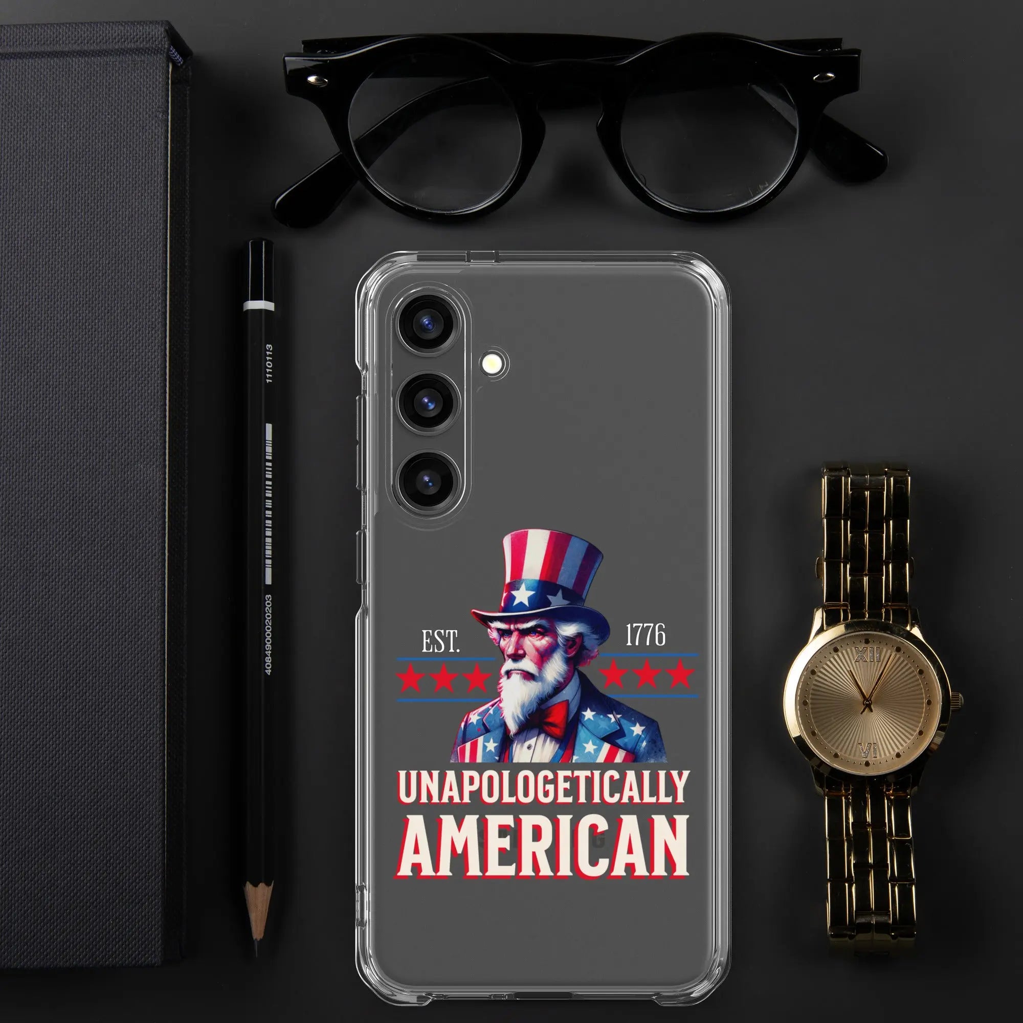 A patriotic Samsung clear phone case with Uncle Sam and the text "Unapologetically American."