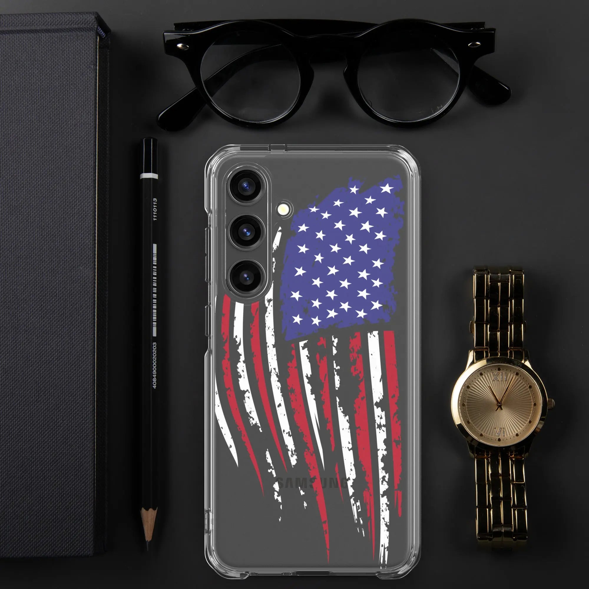 A patriotic Samsung phone clear case with the American flag.