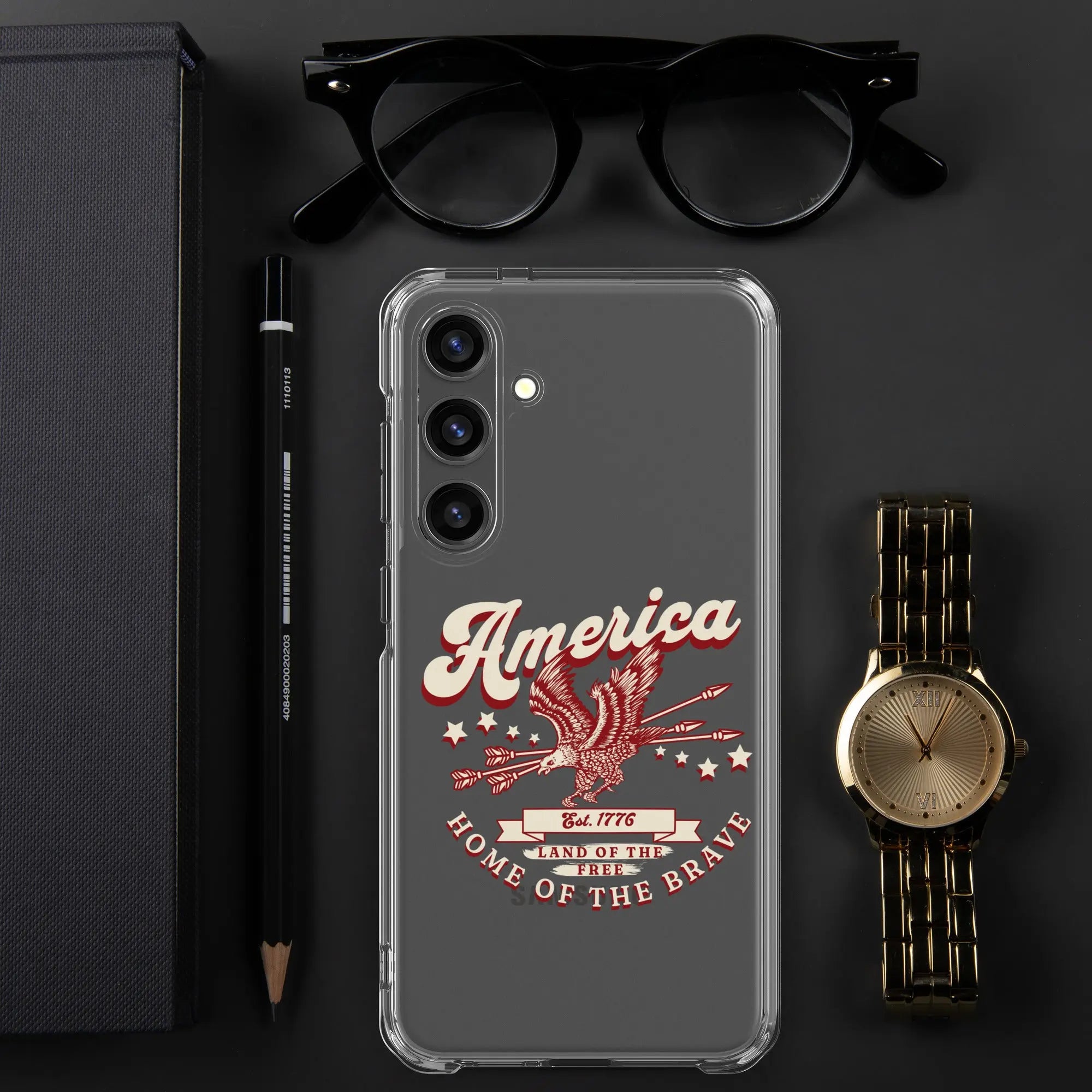 Patriotic Samsung clear phone case with a flying eagle and the text "America, Home Of The Brave."