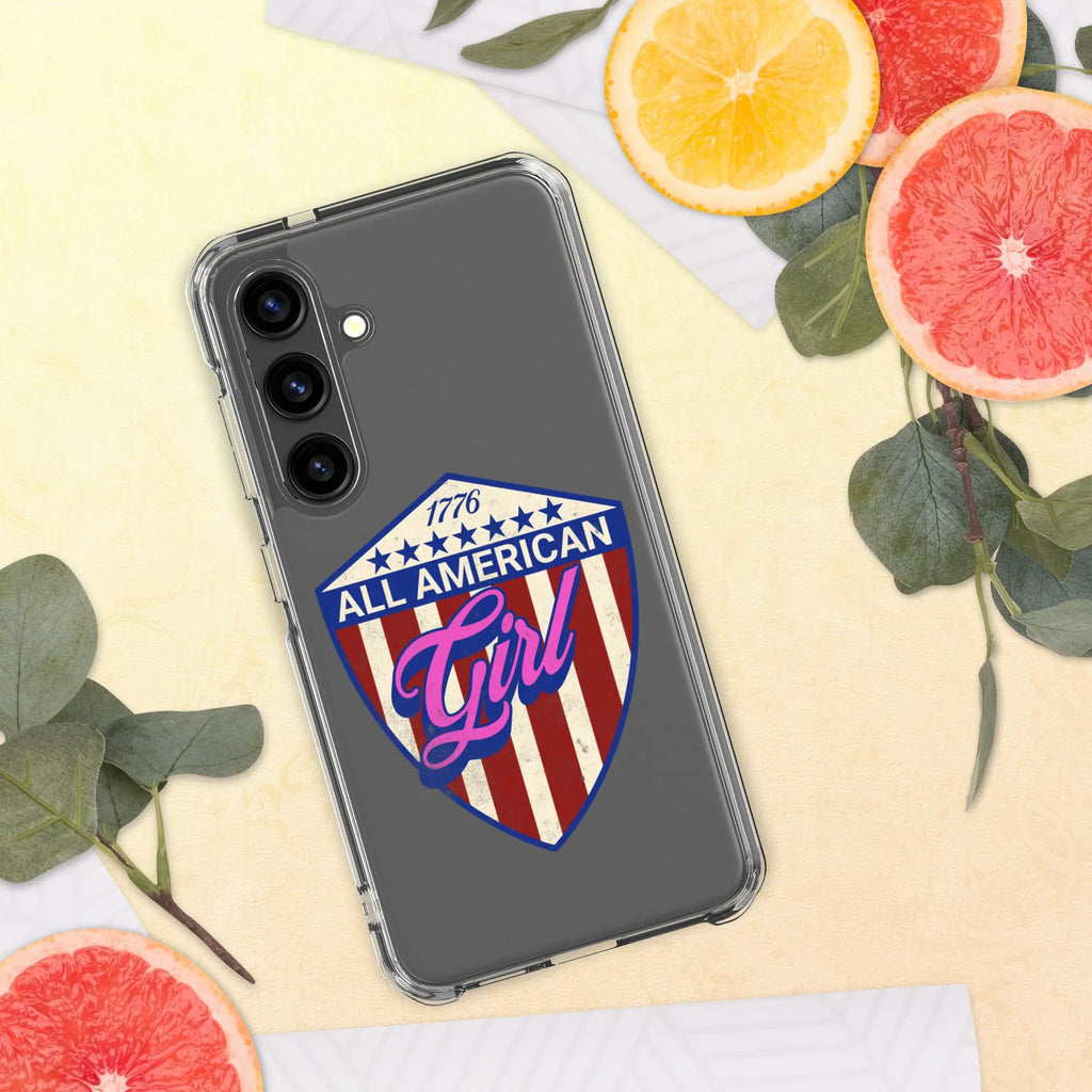 A patriotic Samsung phone clear case with a shield and the text "All American Girl."