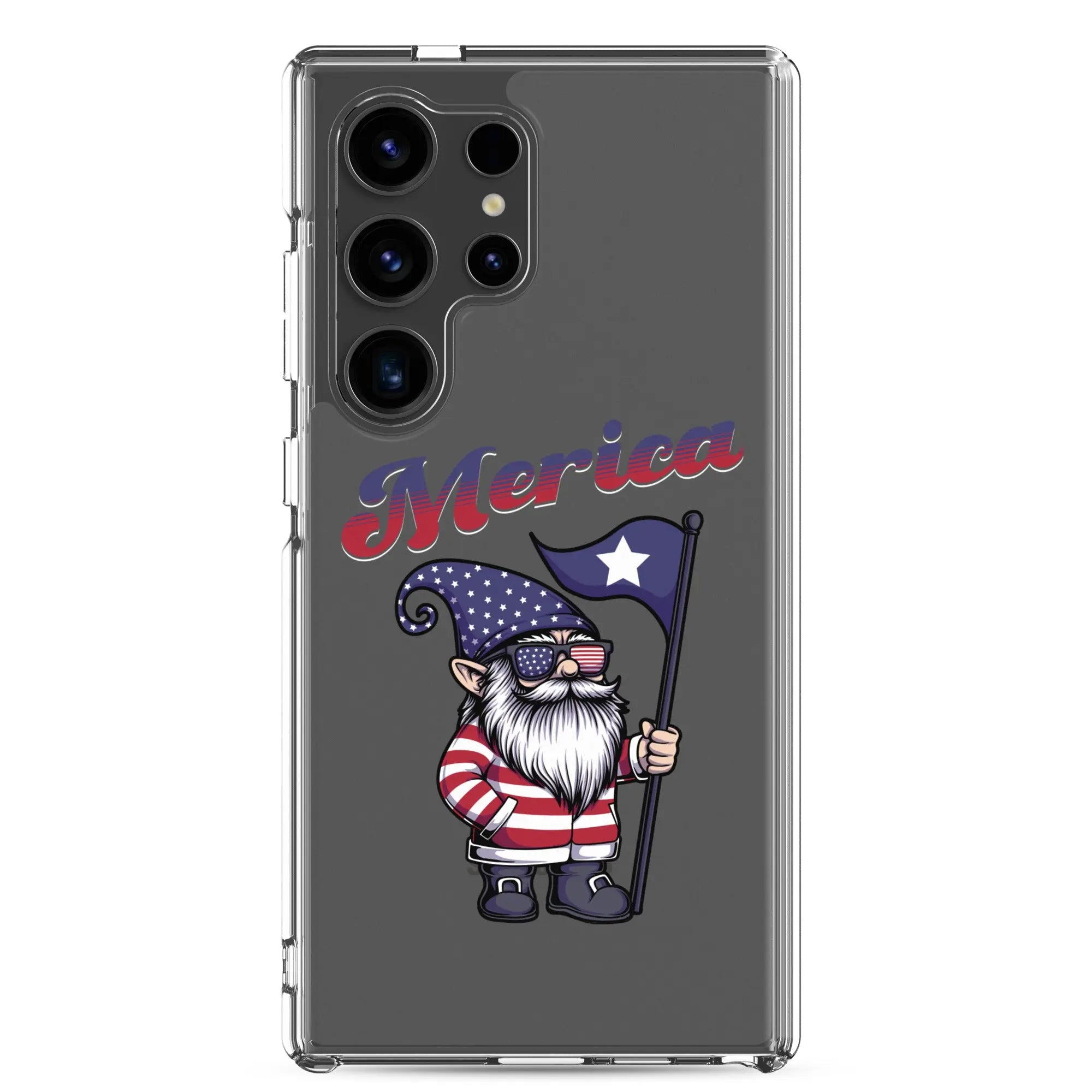 A patriotic Samsung phone clear case with a gnome holding a flag and the text "Merica."