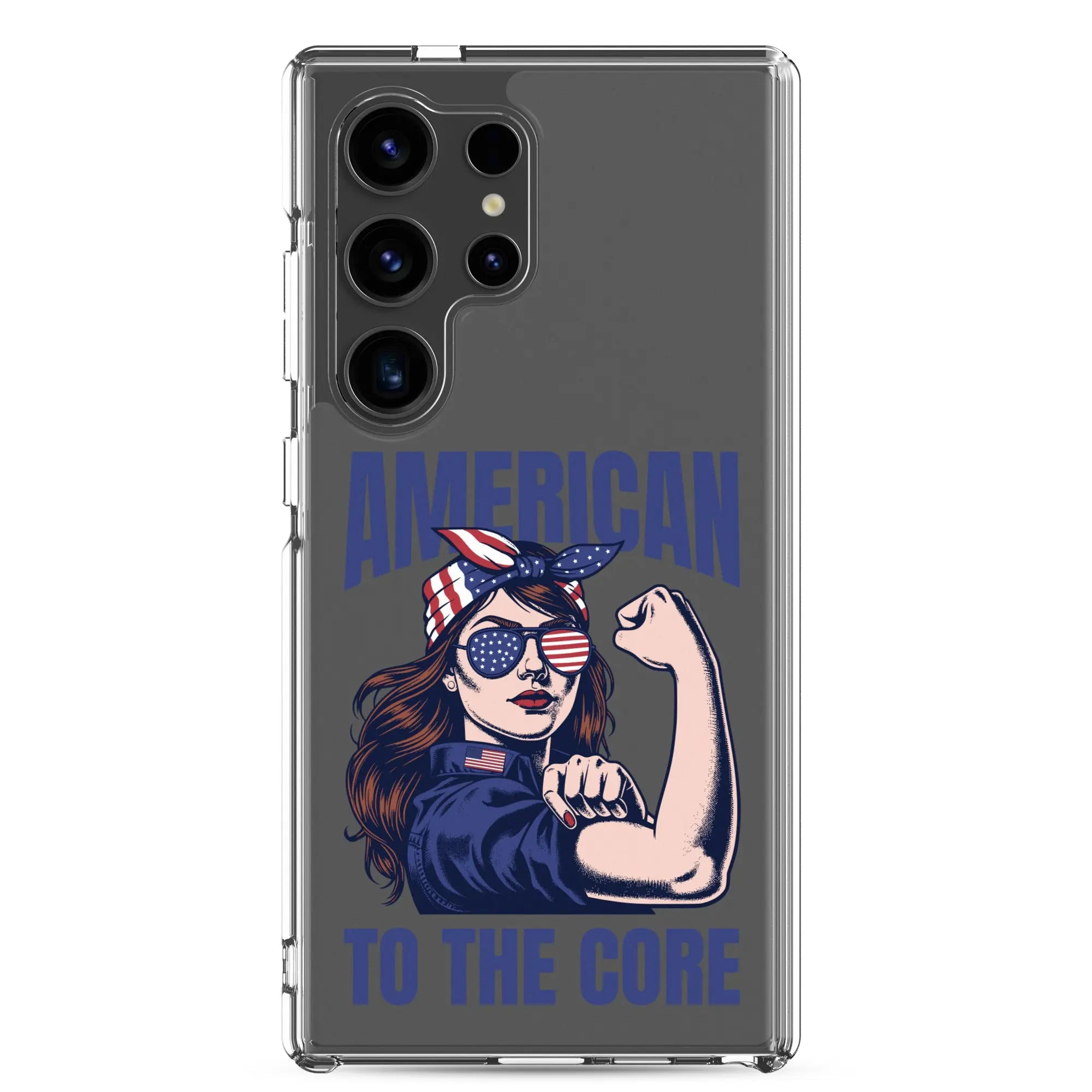 Patriotic Samsung phone clear case with a woman flexing and the text "American To The Core."