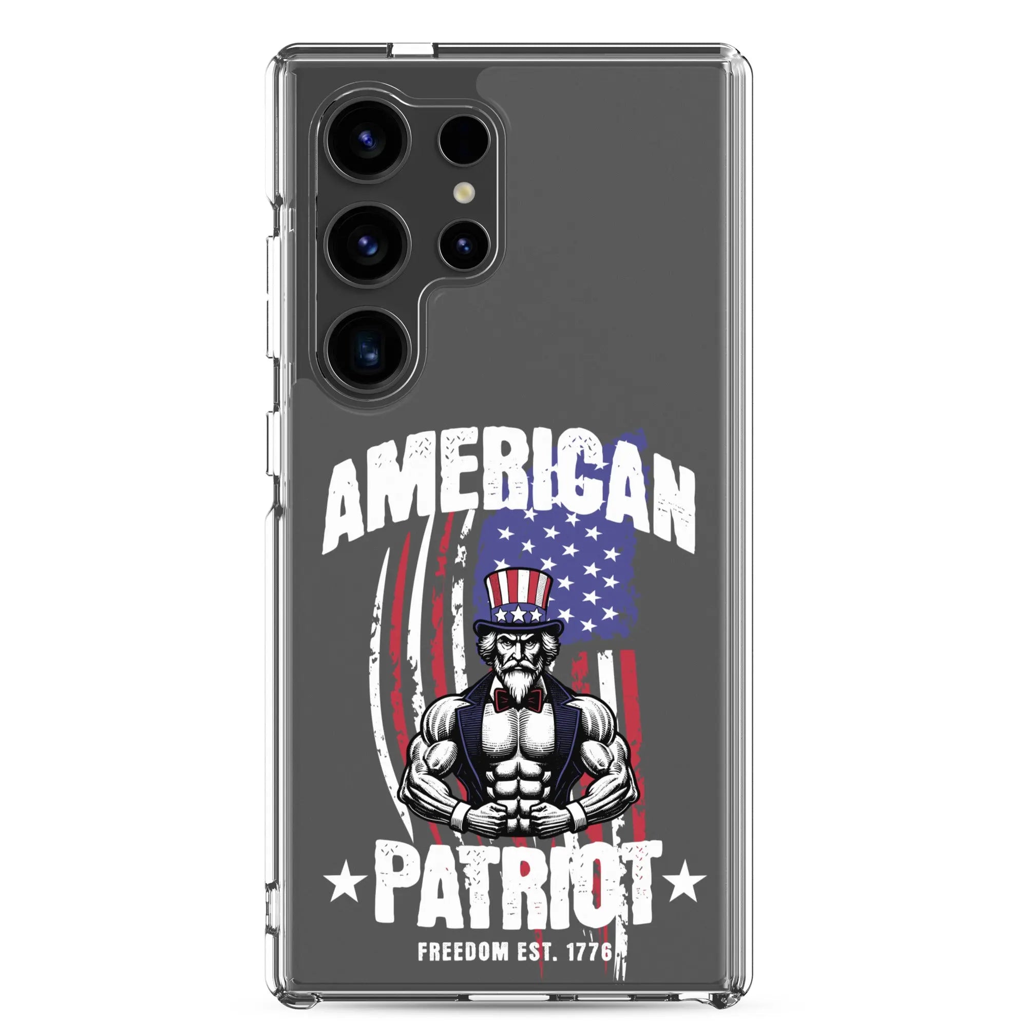Patriotic Samsung clear phone case with a flexing uncle sam and the text "American Patriot"