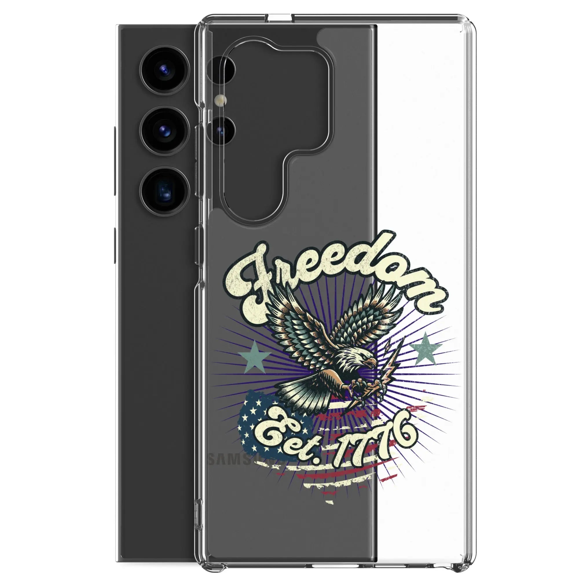 Patriotic Samsung clear phone case with an eagle design and the text "Freedom est. 1776."