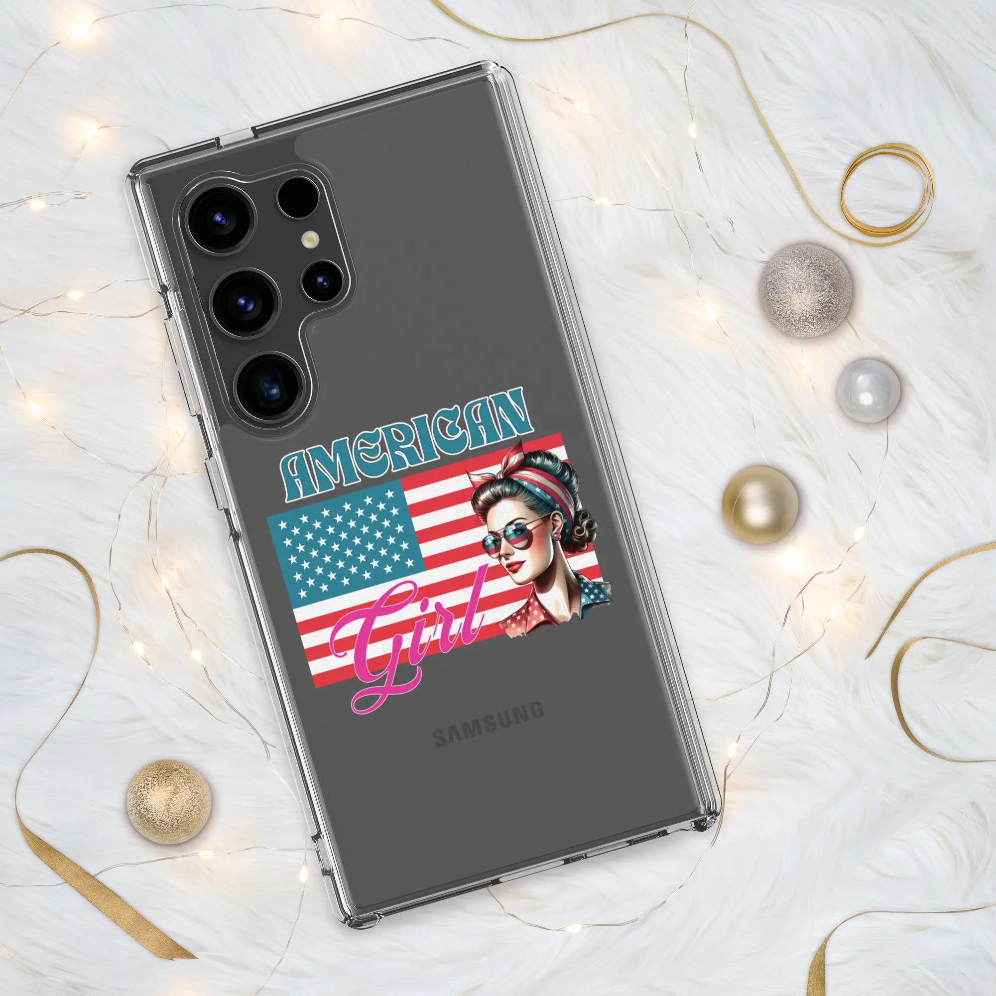 A patriotic Samsung phone clear case with the American flag and a woman's head on it and the text "American Girl."