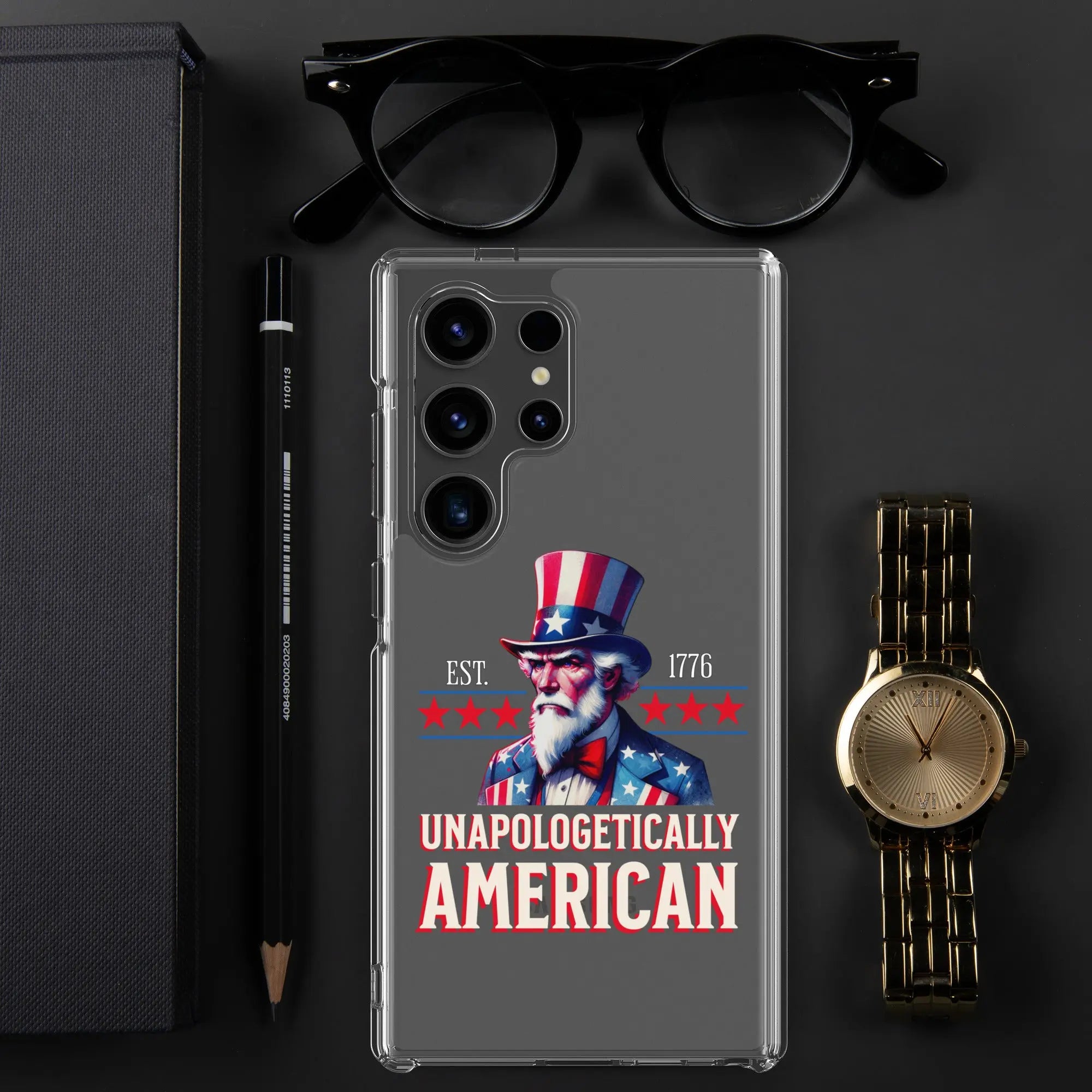 A patriotic Samsung clear phone case with Uncle Sam and the text "Unapologetically American."