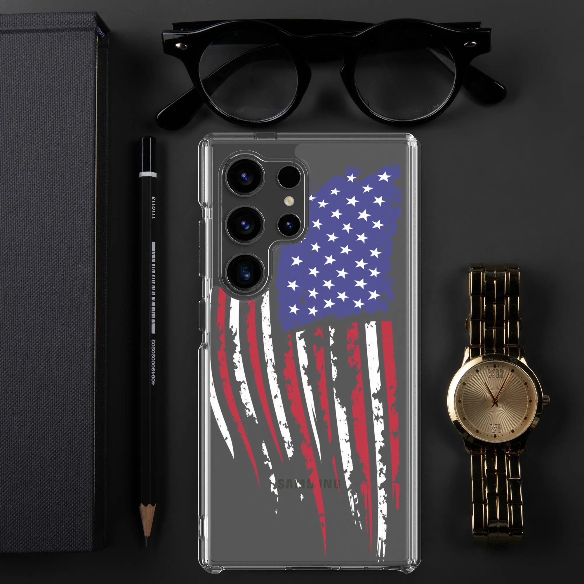 A patriotic Samsung phone clear case with the American flag.