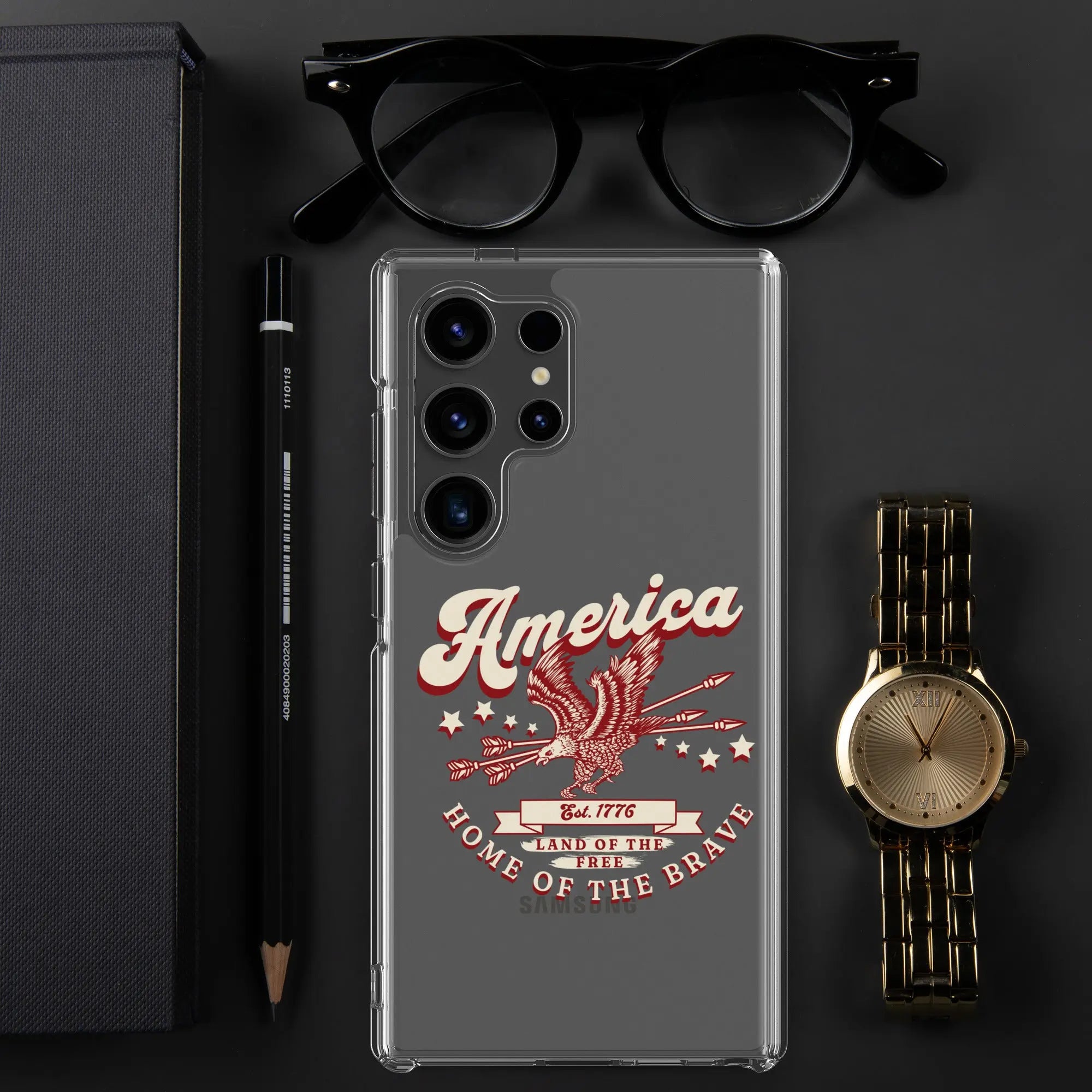 Patriotic Samsung clear phone case with a flying eagle and the text "America, Home Of The Brave."