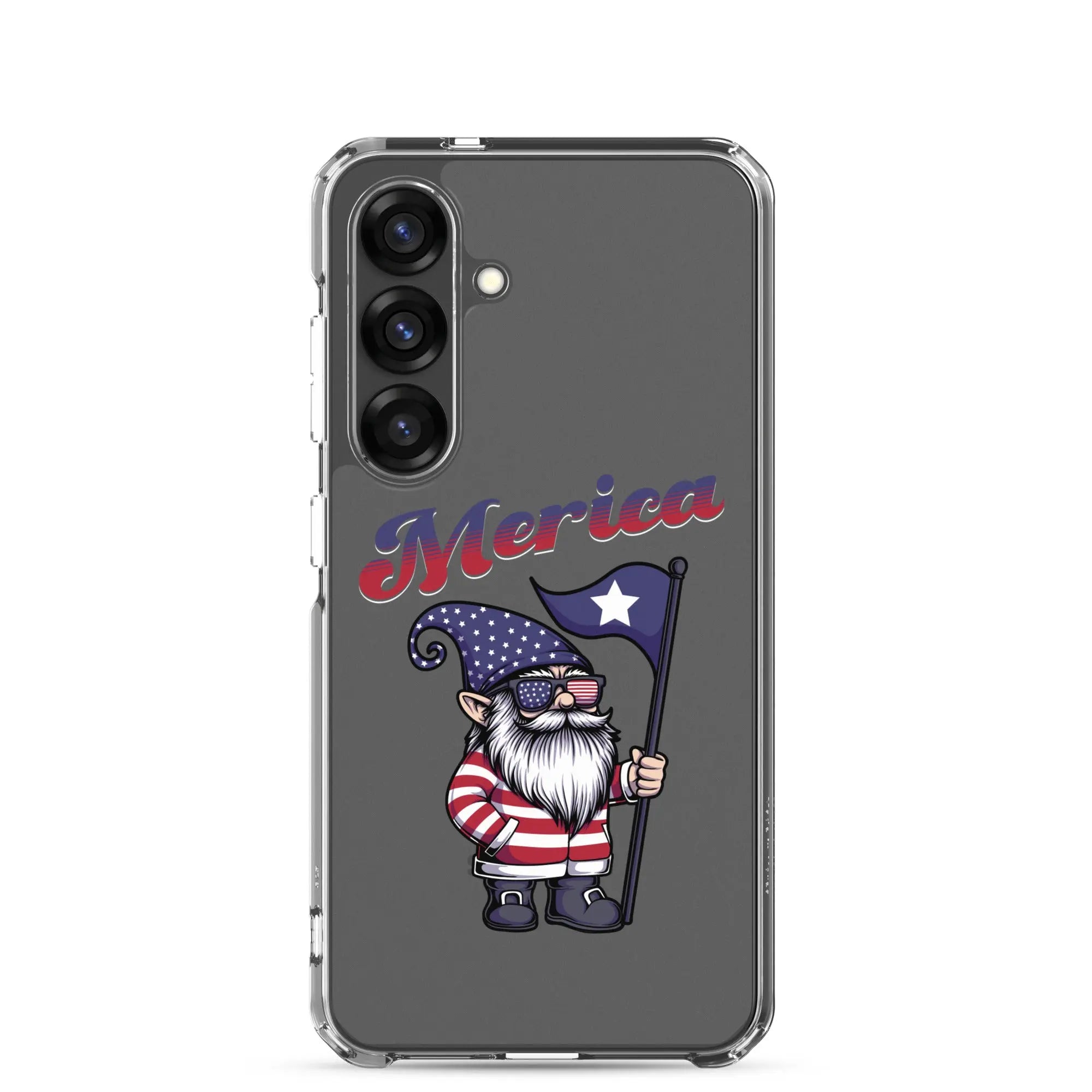 A patriotic Samsung phone clear case with a gnome holding a flag and the text "Merica."