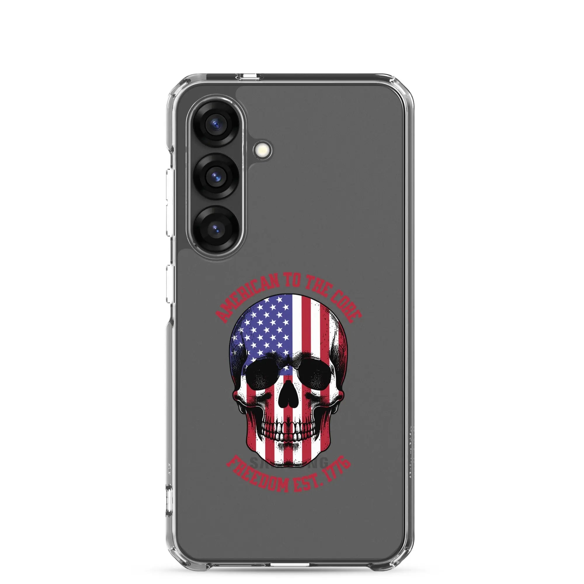 Patriotic Samsung clear phone case with an American flag skull and the text "America To The Core and Freedom est. 1776."