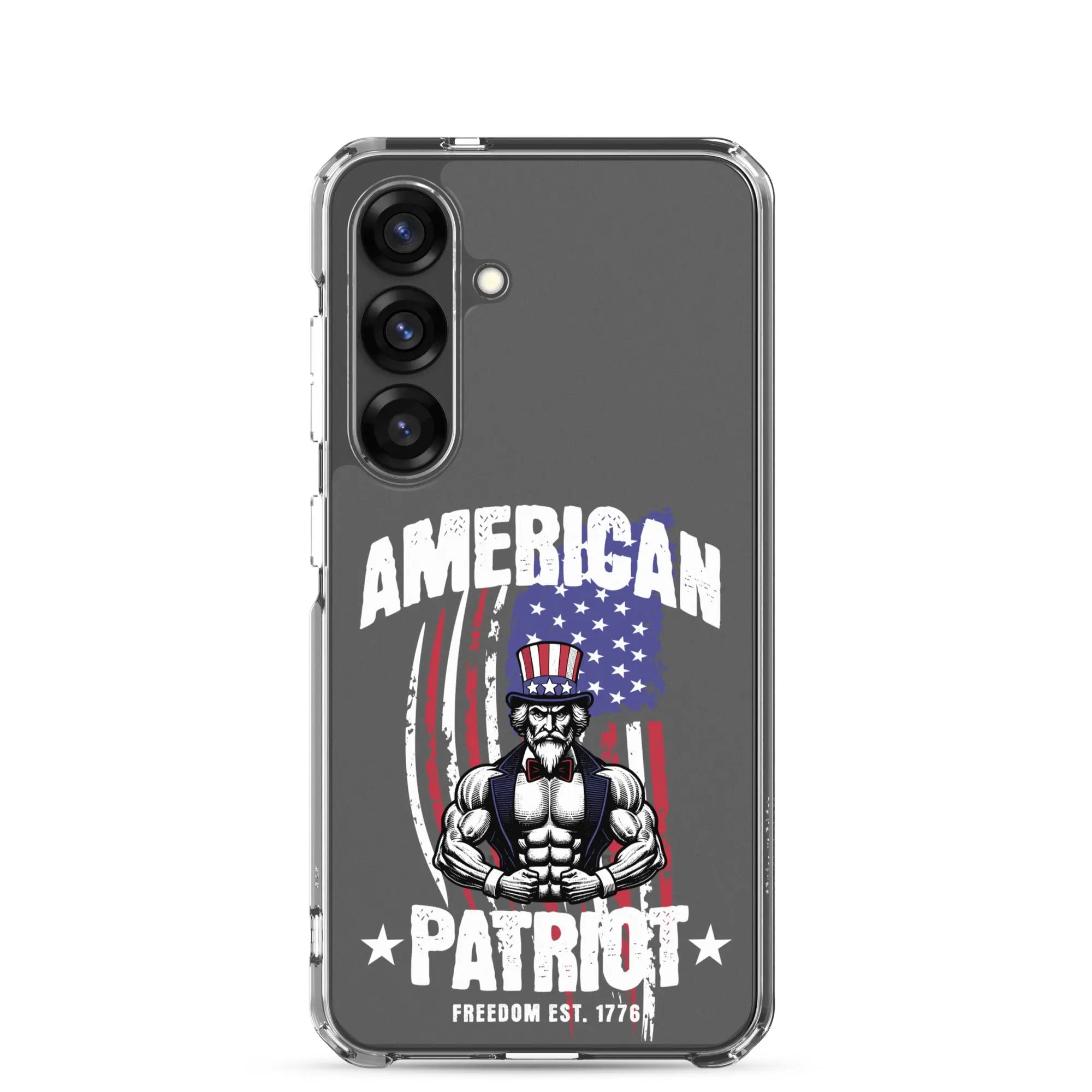 Patriotic Samsung clear phone case with a flexing uncle sam and the text "American Patriot"