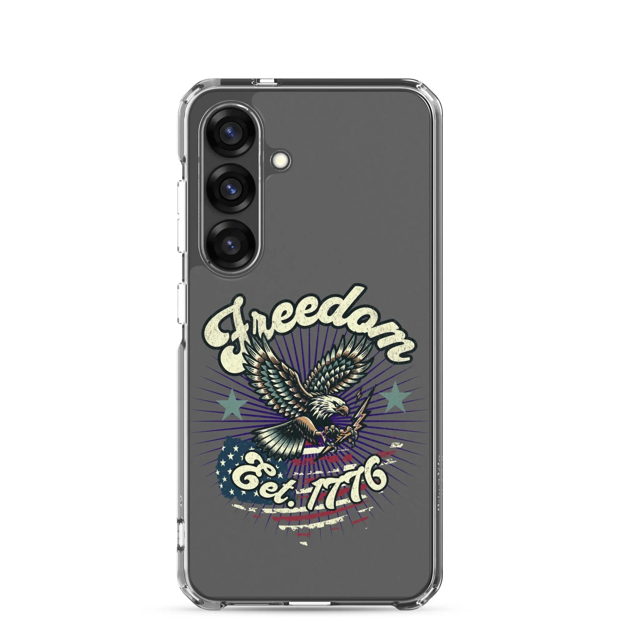 Patriotic Samsung clear phone case with an eagle design and the text "Freedom est. 1776."
