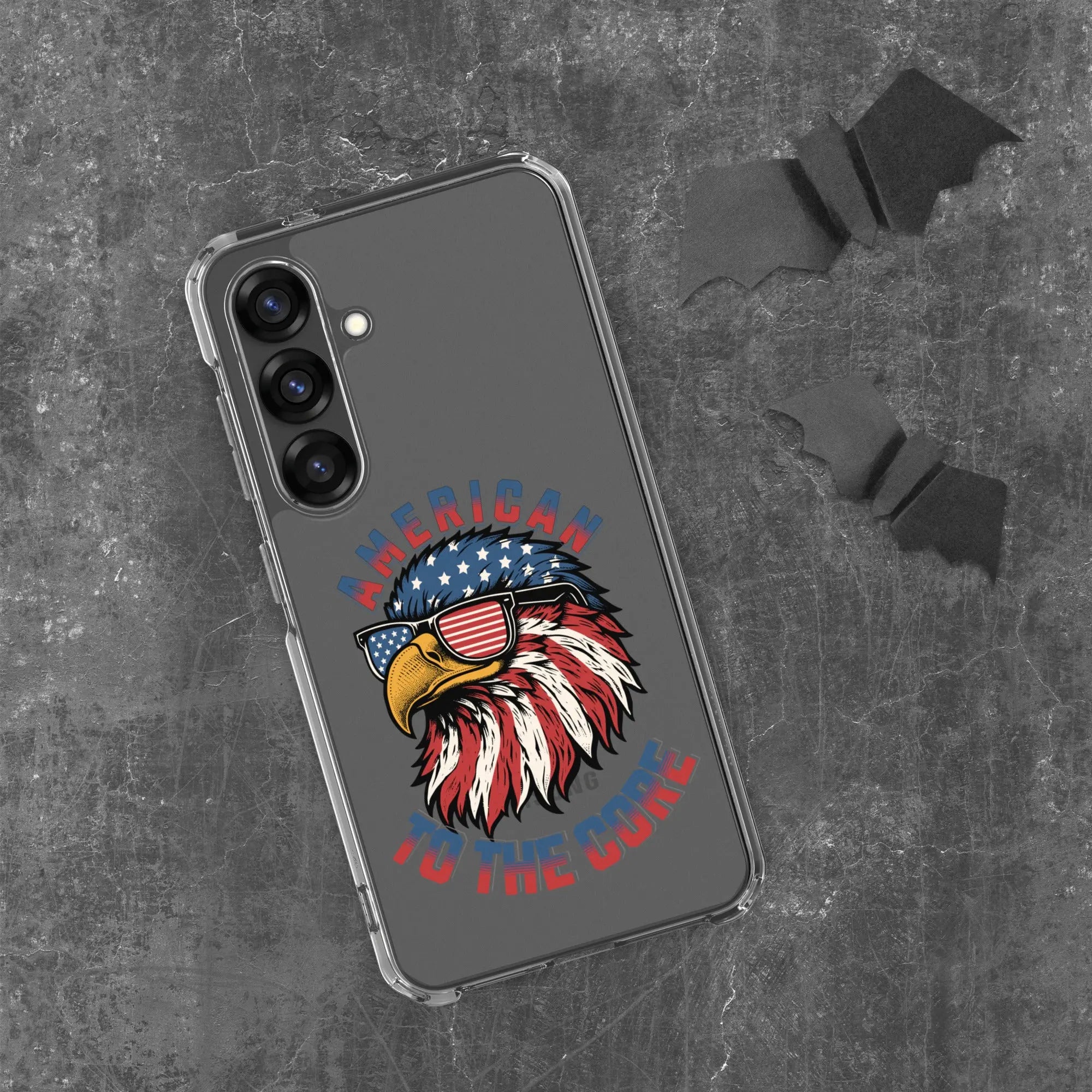 A patriotic Samsung phone clear case with an eagle head and the text "American To The Core."