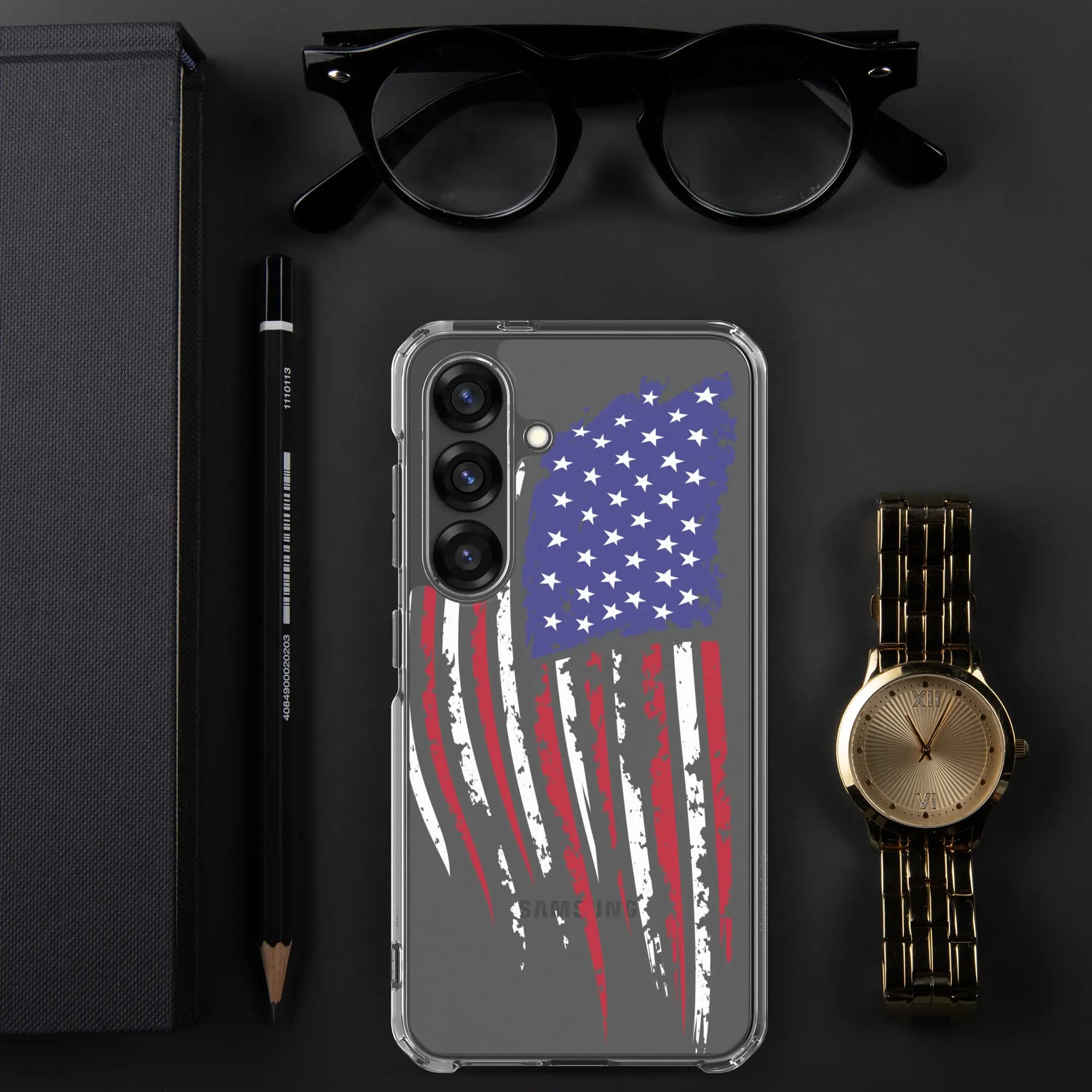 A patriotic Samsung phone clear case with the American flag.