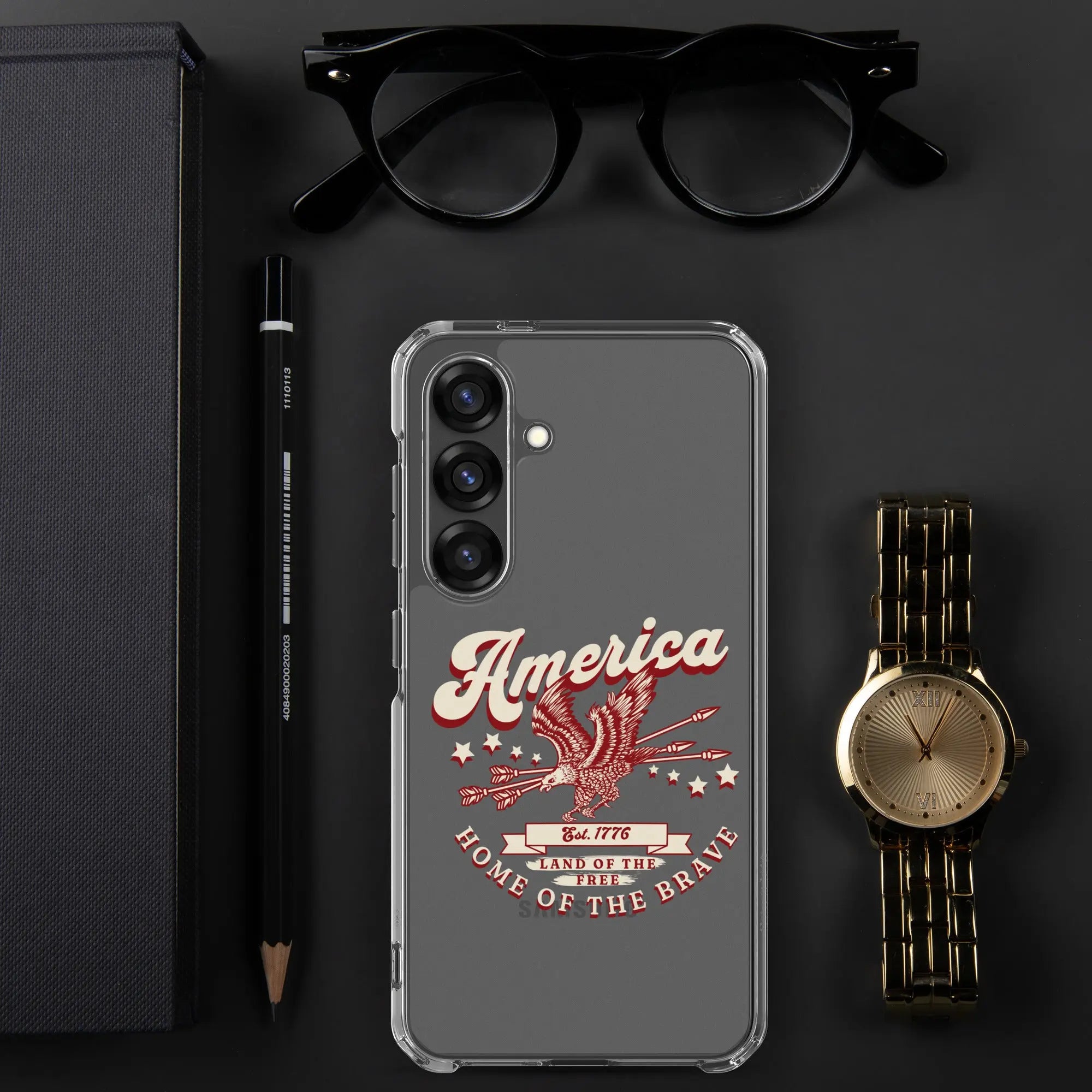 Patriotic Samsung clear phone case with a flying eagle and the text "America, Home Of The Brave."