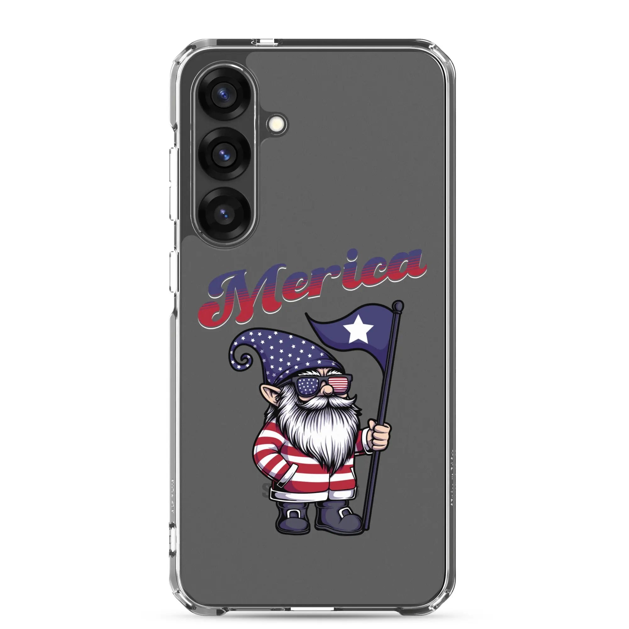 A patriotic Samsung phone clear case with a gnome holding a flag and the text "Merica."