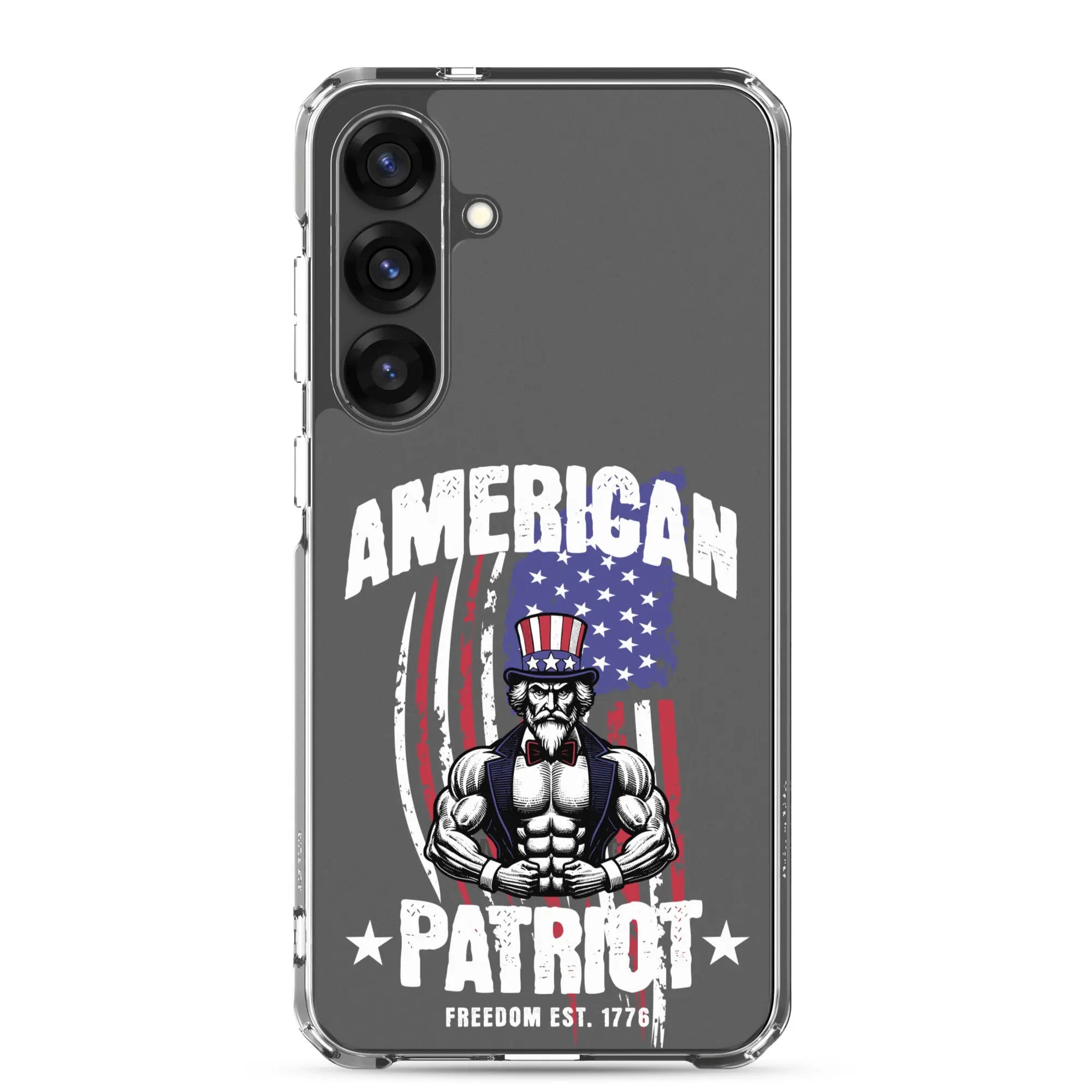 Patriotic Samsung clear phone case with a flexing uncle sam and the text "American Patriot"