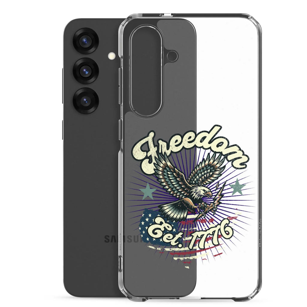 Patriotic Samsung clear phone case with an eagle design and the text "Freedom est. 1776."