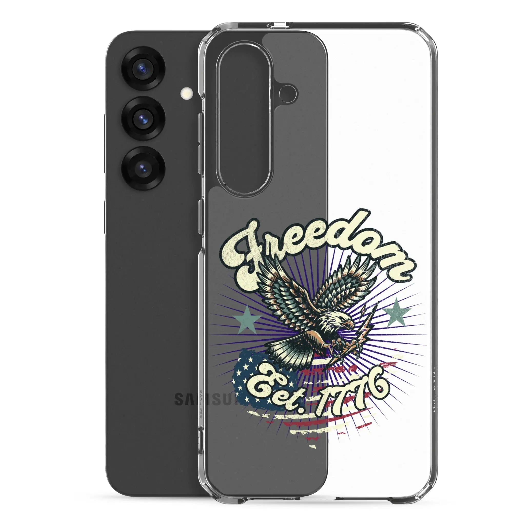 Patriotic Samsung clear phone case with an eagle design and the text "Freedom est. 1776."