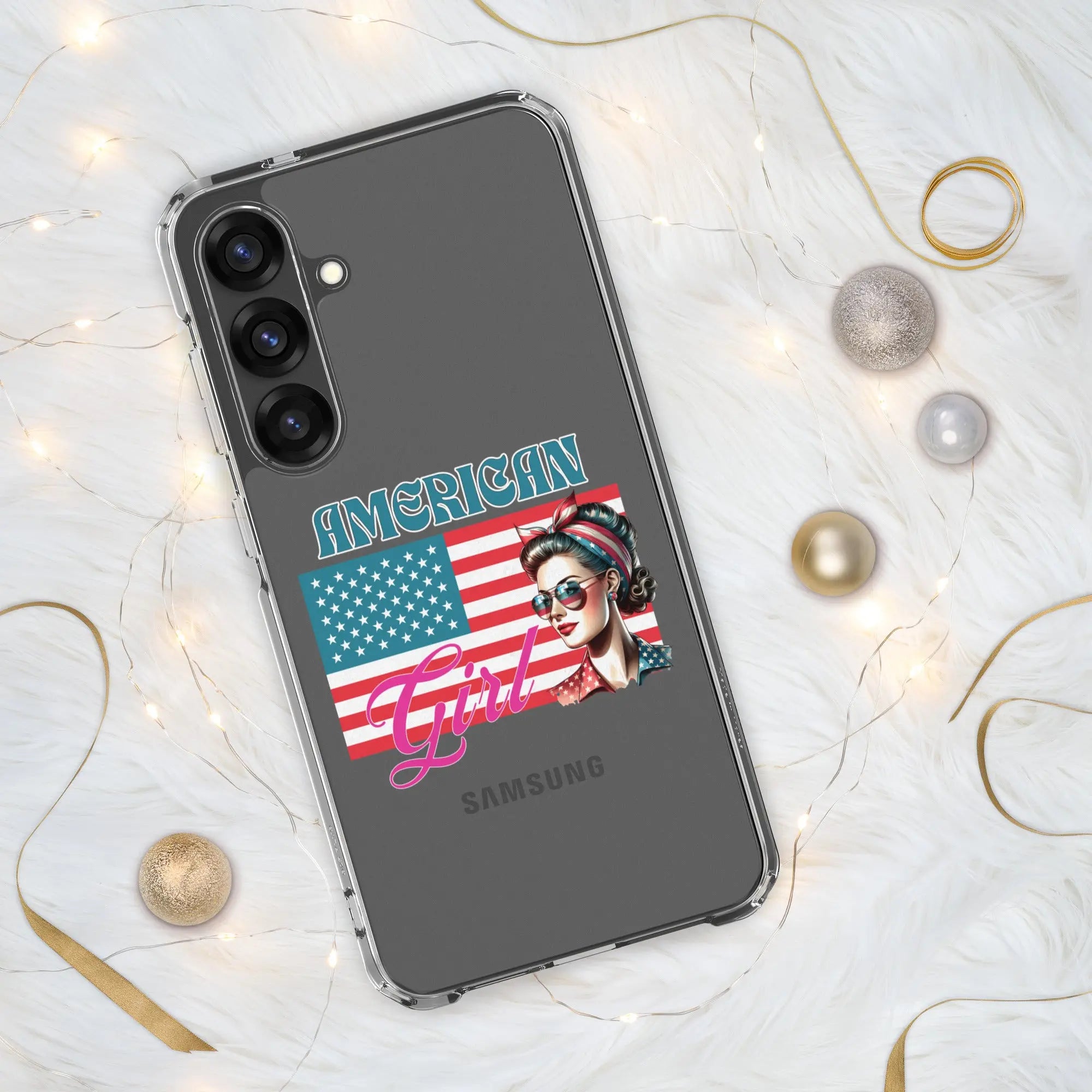 A patriotic Samsung phone clear case with the American flag and a woman's head on it and the text "American Girl."