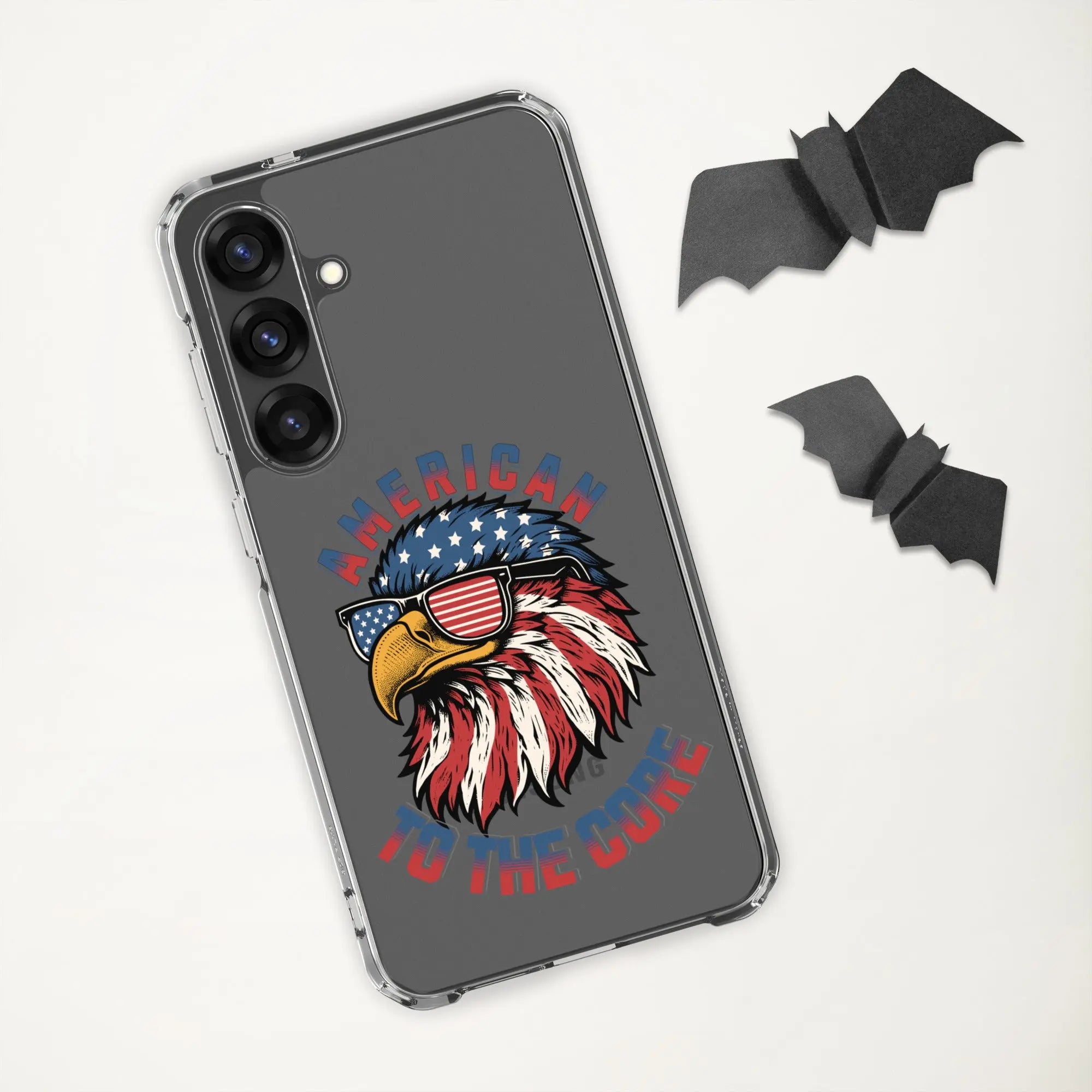 A patriotic Samsung phone clear case with an eagle head and the text "American To The Core."