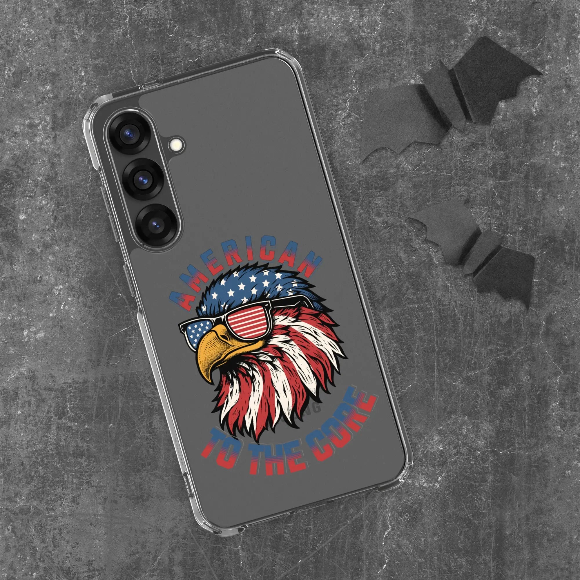 A patriotic Samsung phone clear case with an eagle head and the text "American To The Core."