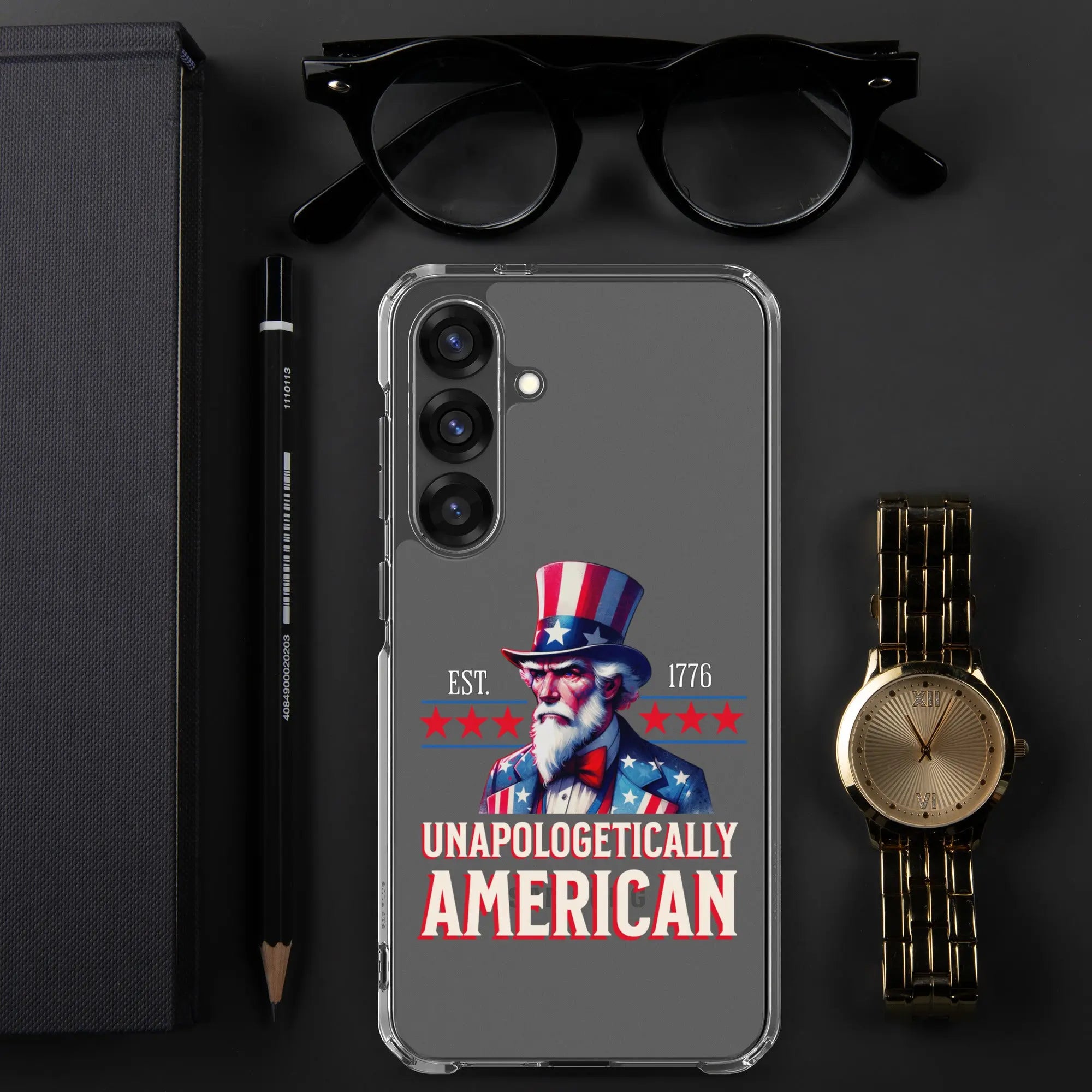 A patriotic Samsung clear phone case with Uncle Sam and the text "Unapologetically American."