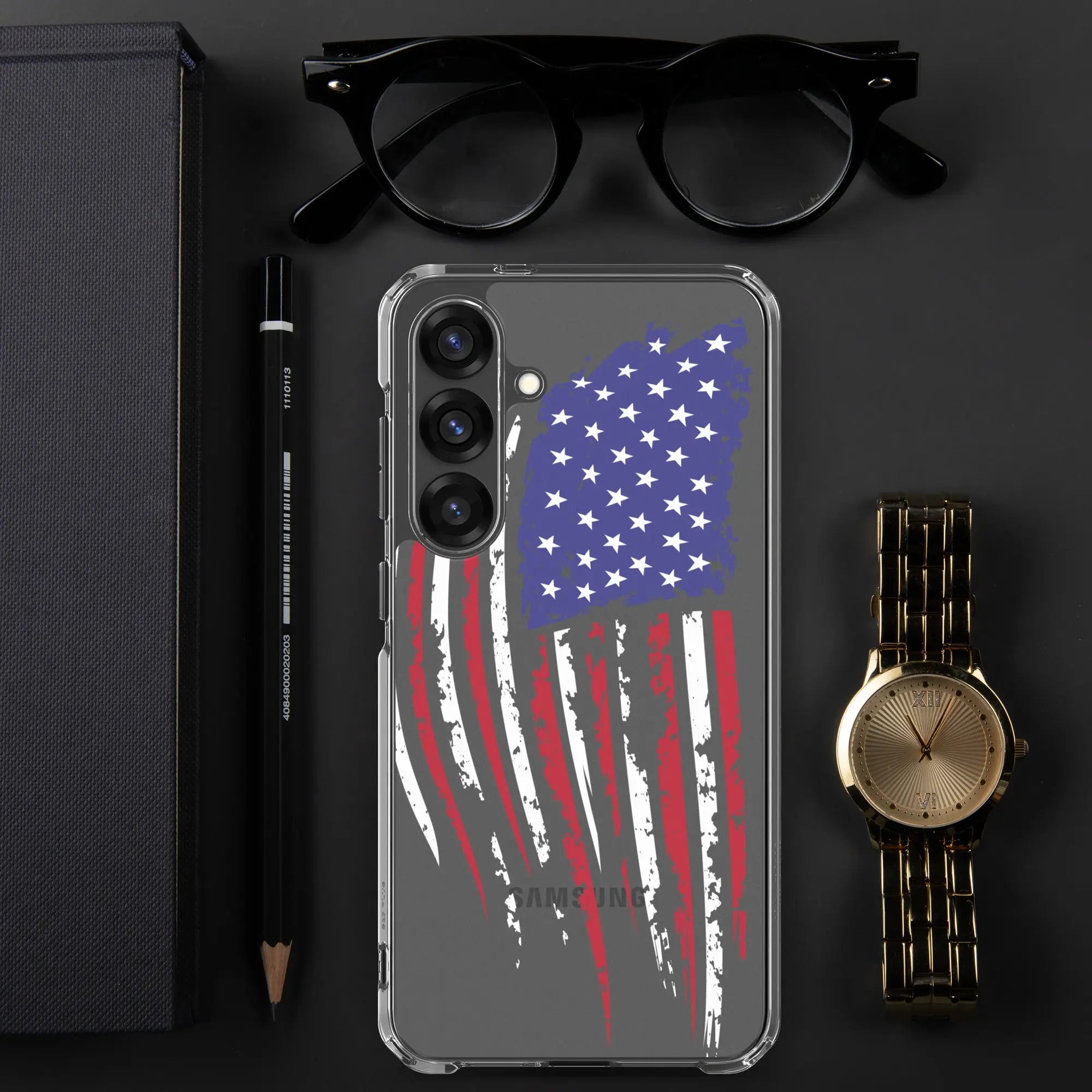 A patriotic Samsung phone clear case with the American flag.