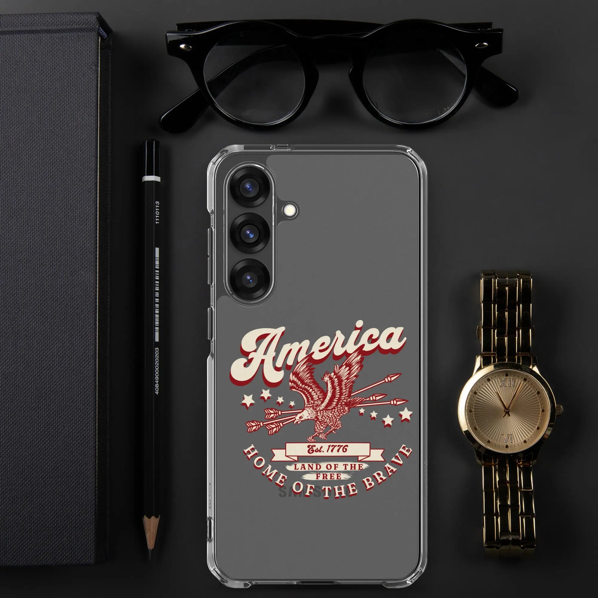 Patriotic Samsung clear phone case with a flying eagle and the text "America, Home Of The Brave."