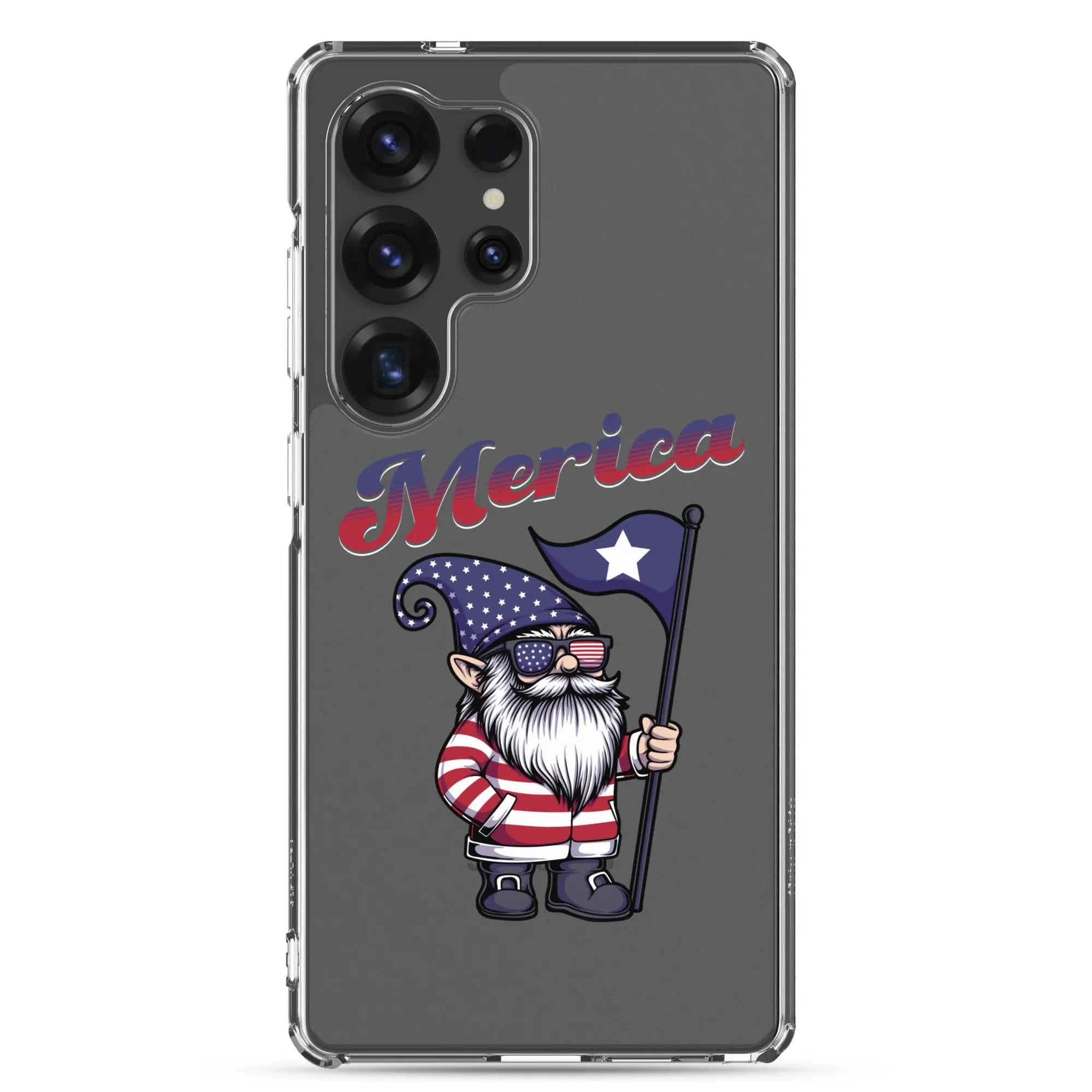 A patriotic Samsung phone clear case with a gnome holding a flag and the text "Merica."