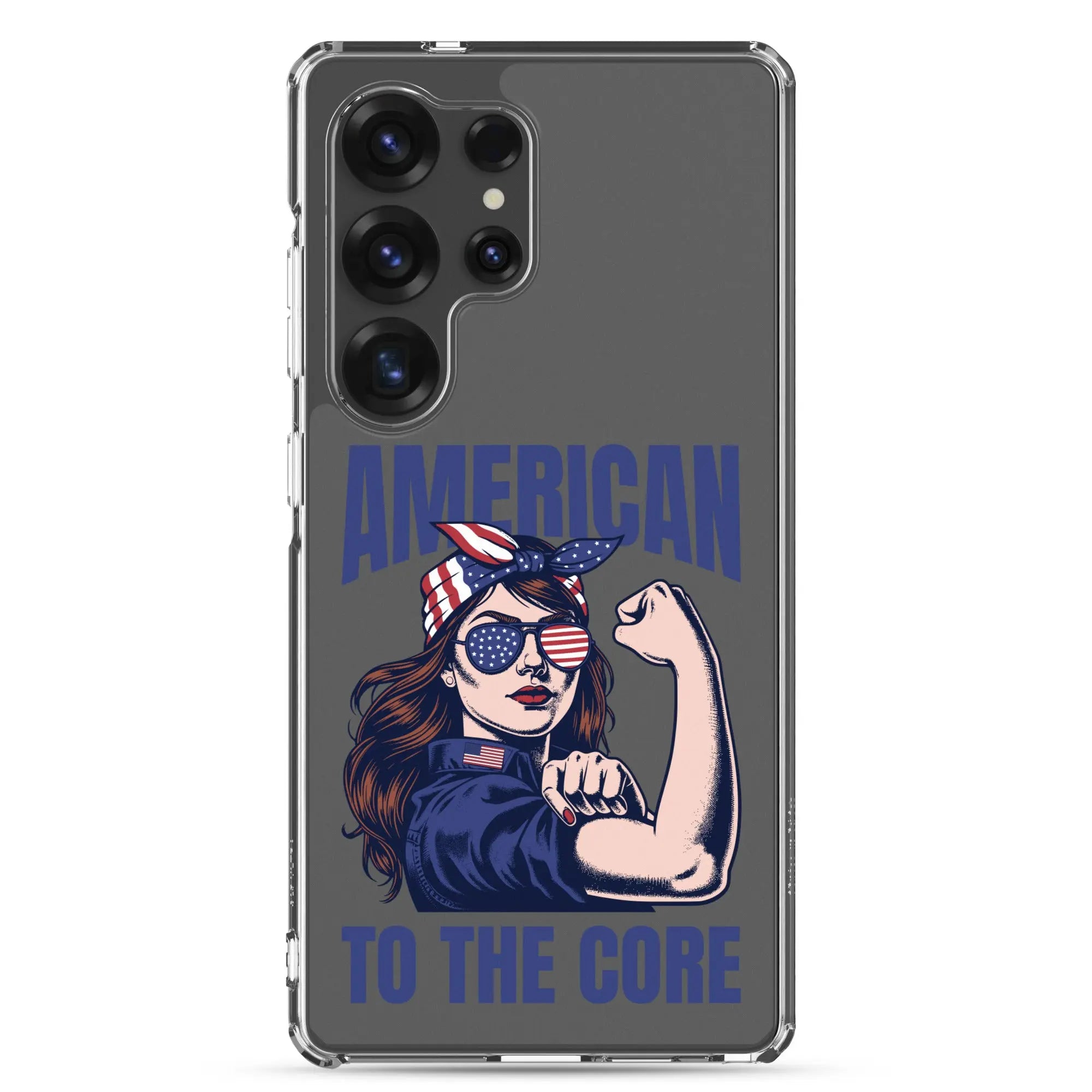 Patriotic Samsung phone clear case with a woman flexing and the text "American To The Core."