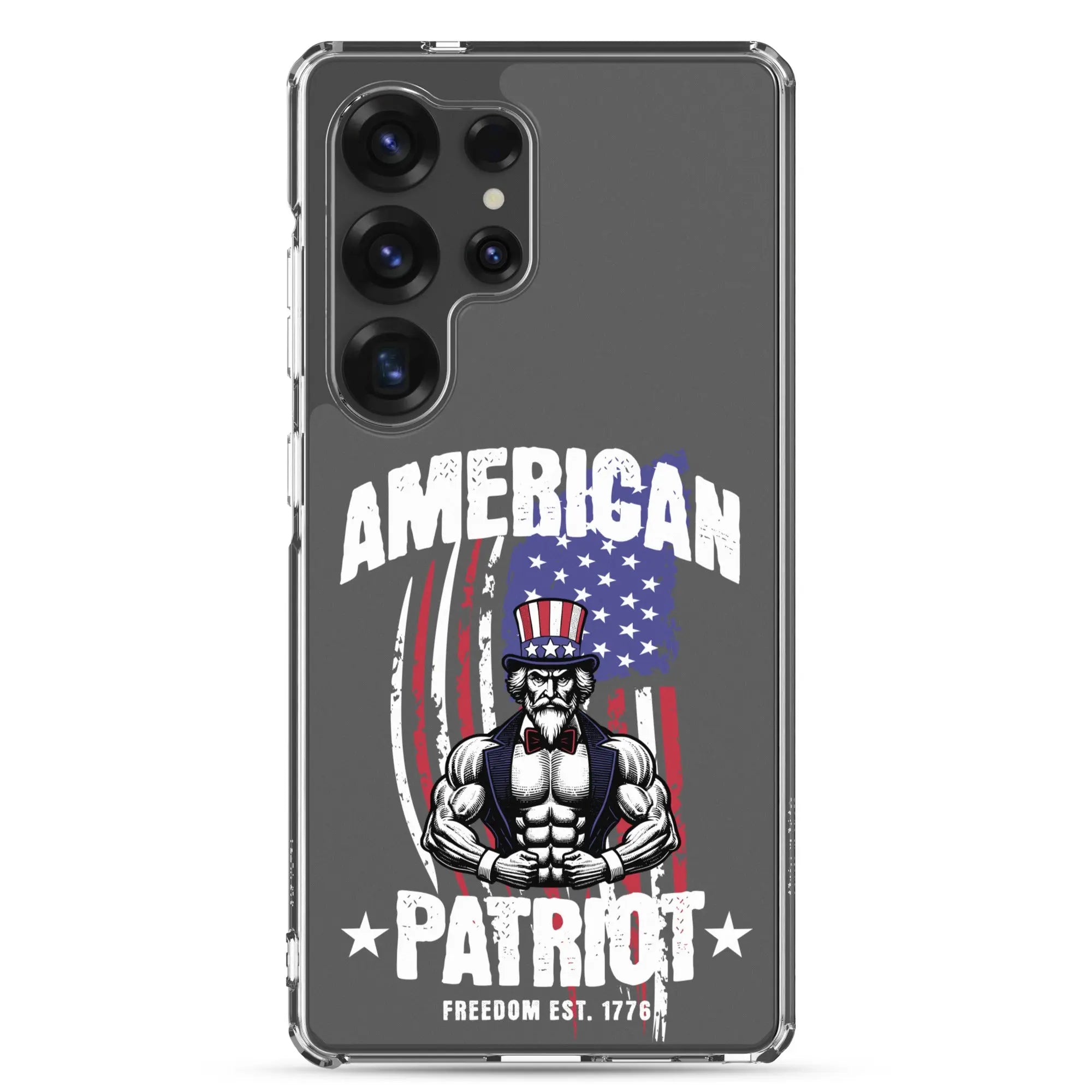 Patriotic Samsung clear phone case with a flexing uncle sam and the text "American Patriot"