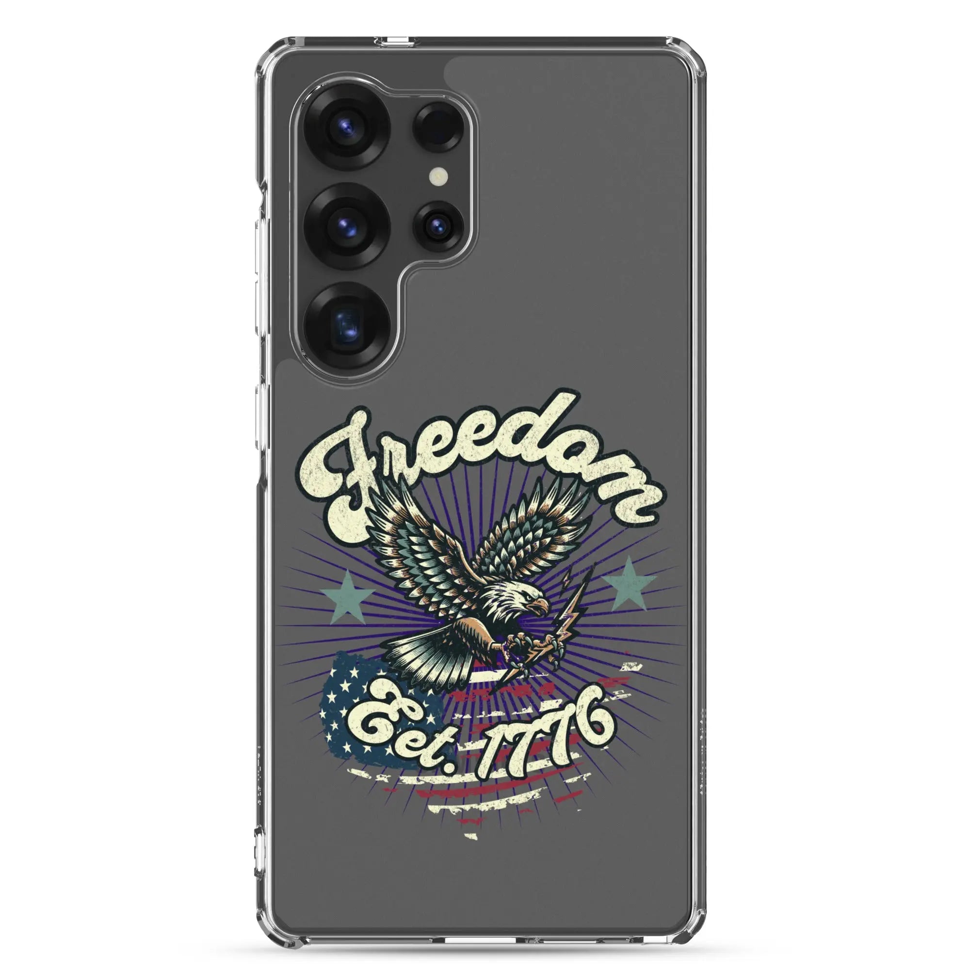 Patriotic Samsung clear phone case with an eagle design and the text "Freedom est. 1776."