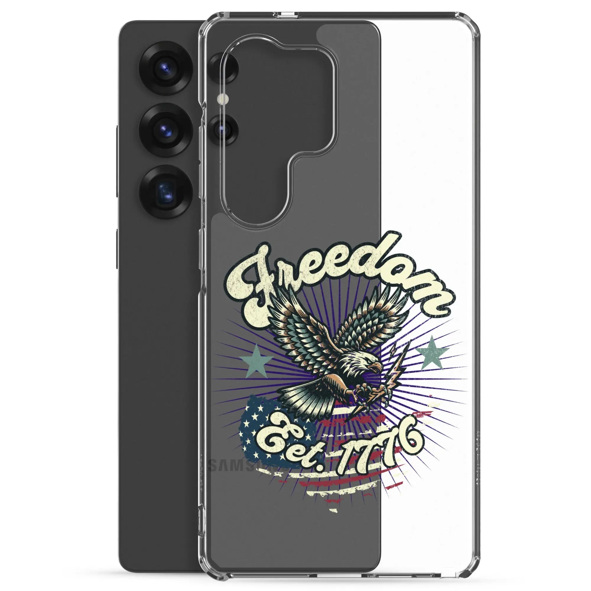 Patriotic Samsung clear phone case with an eagle design and the text "Freedom est. 1776."