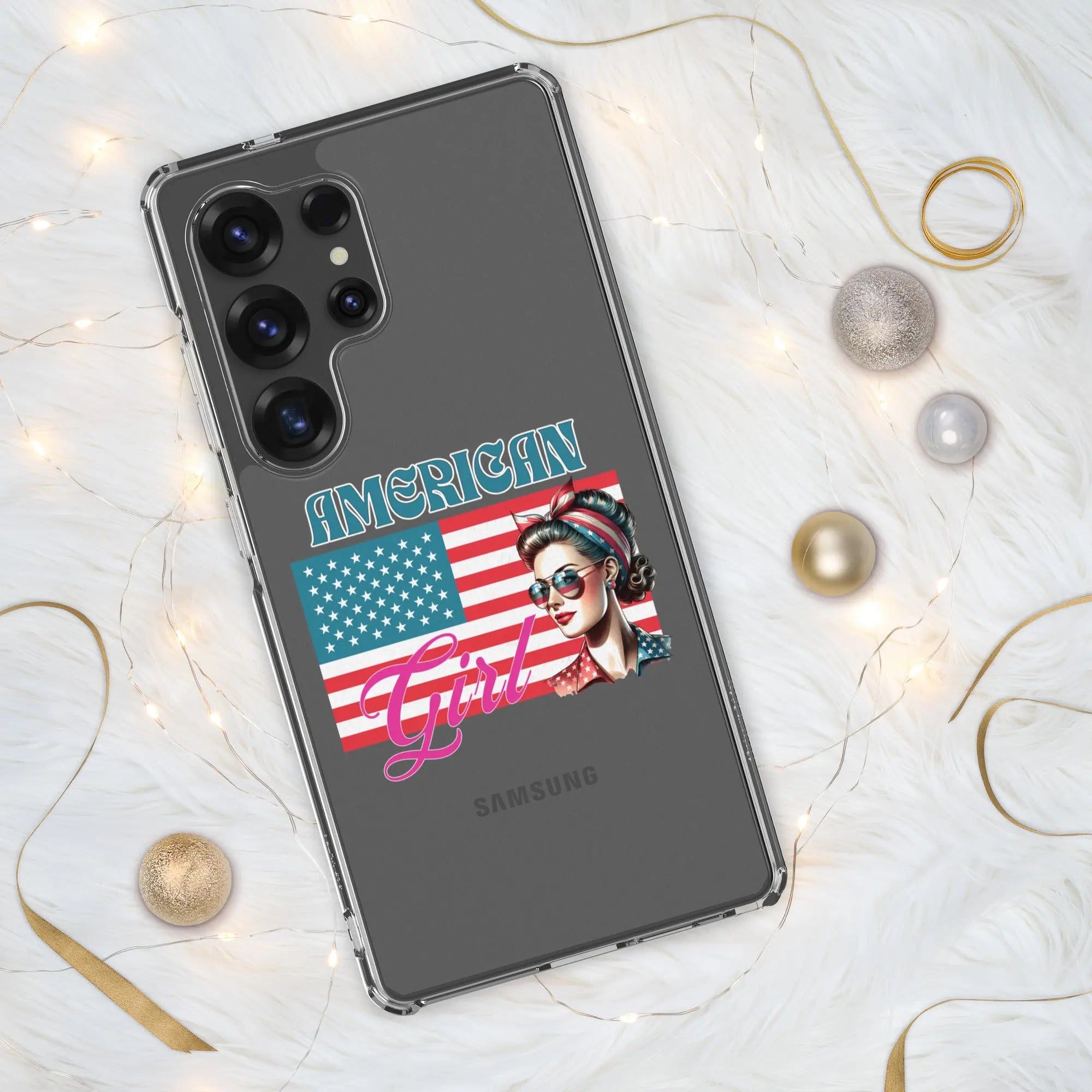 A patriotic Samsung phone clear case with the American flag and a woman's head on it and the text "American Girl."