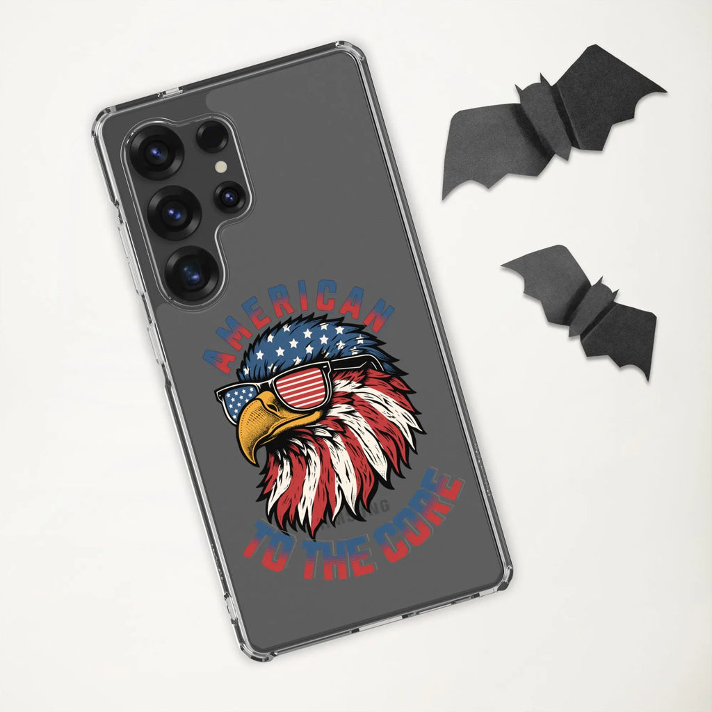 A patriotic Samsung phone clear case with an eagle head and the text "American To The Core."