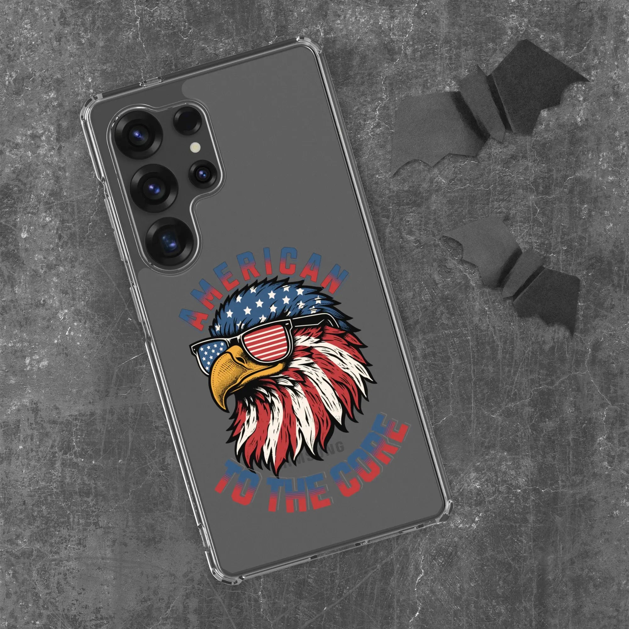 A patriotic Samsung phone clear case with an eagle head and the text "American To The Core."