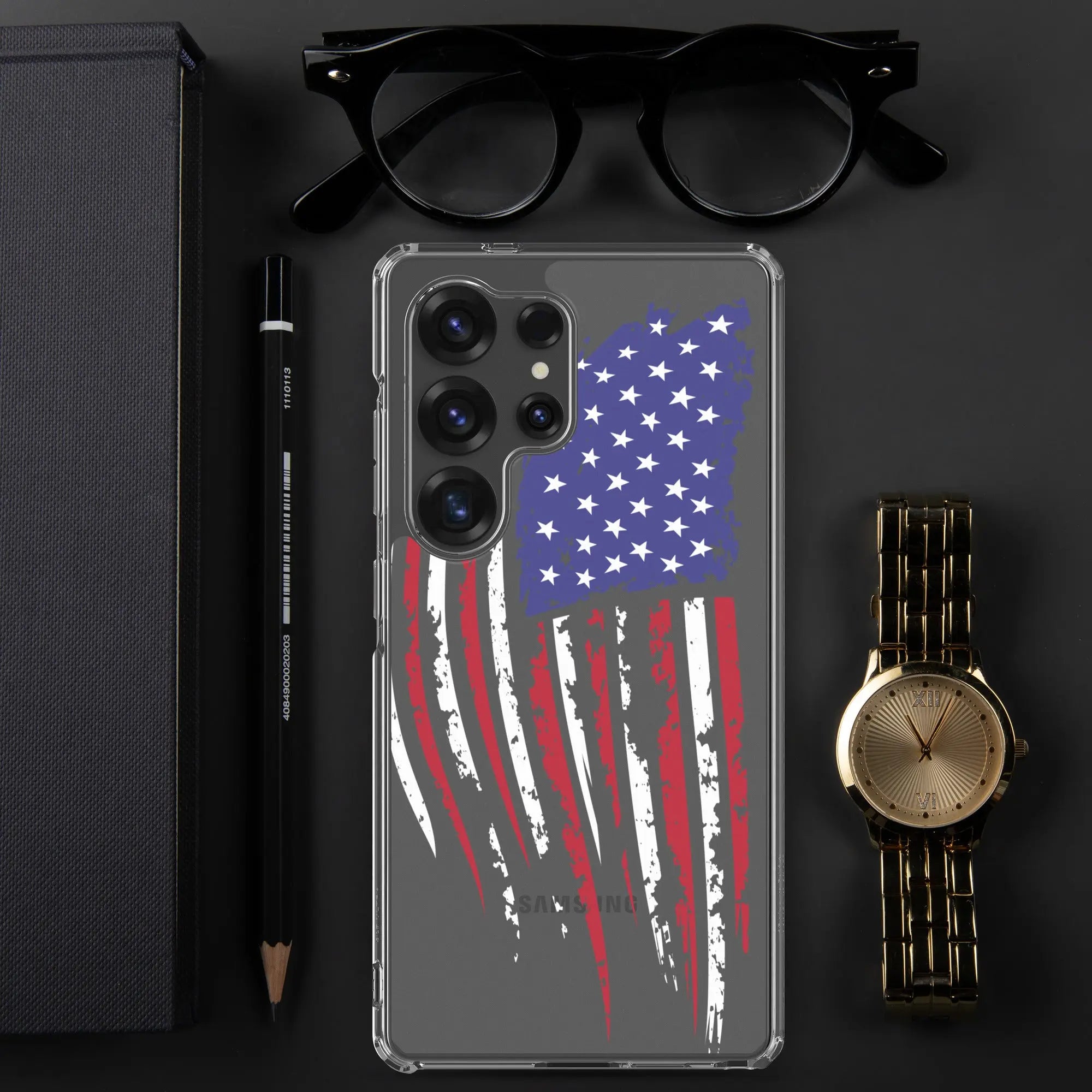 A patriotic Samsung phone clear case with the American flag.