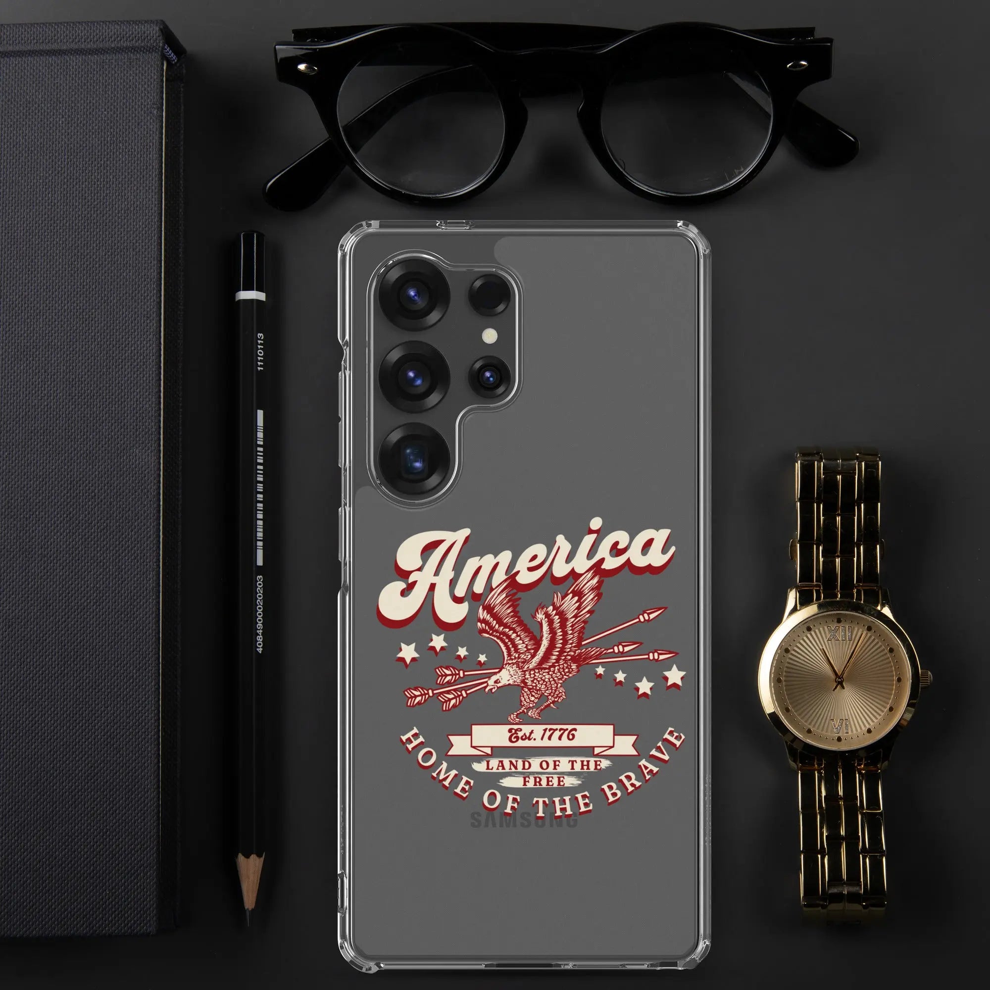 Patriotic Samsung clear phone case with a flying eagle and the text "America, Home Of the Brave."