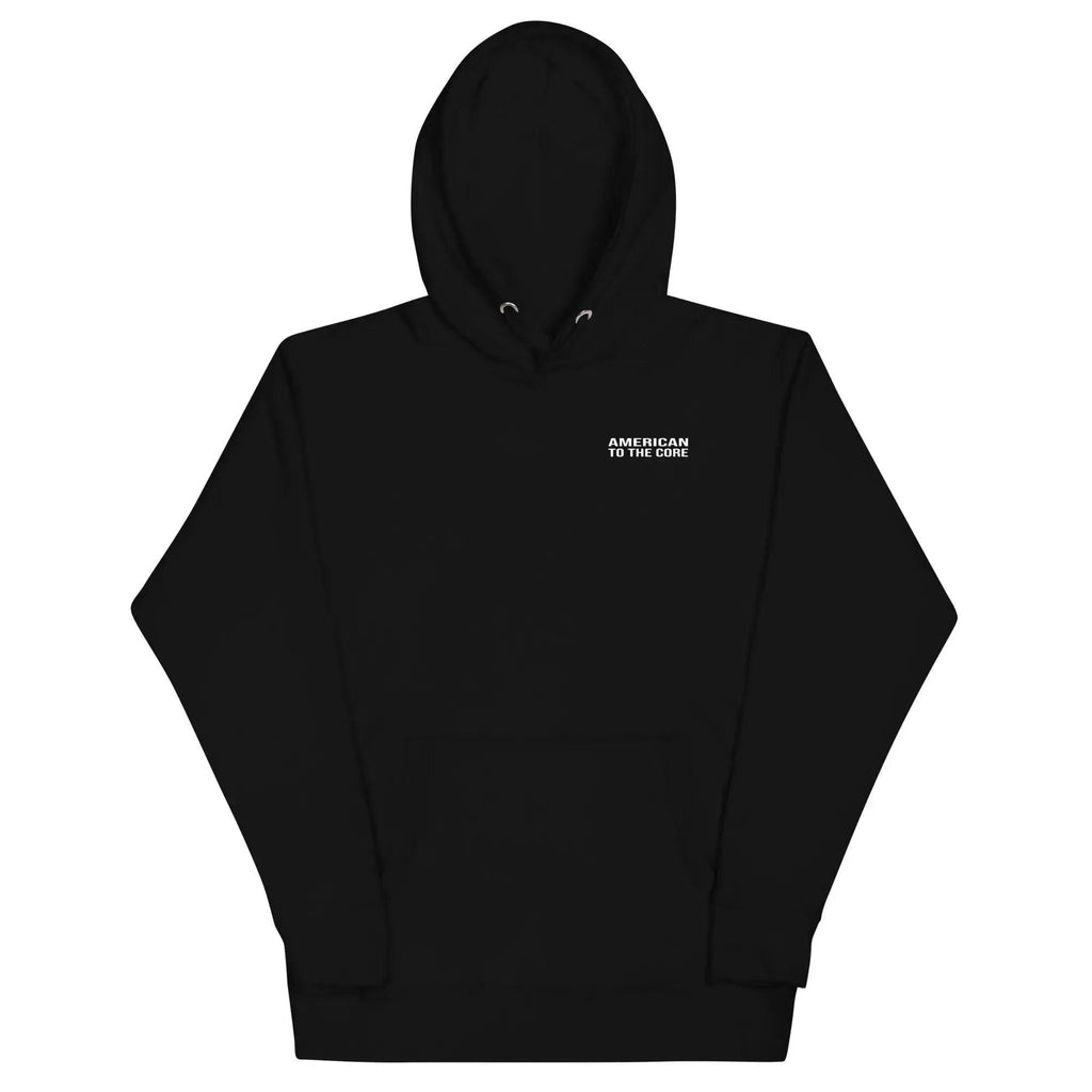 A women's black patriotic hoodie with the text "American To The Core."