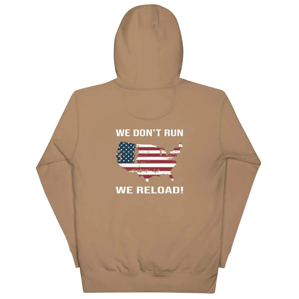 Back of a women's latte-colored patriotic hoodie with the silhouette of America with the flag on it. And the text "We Don't Run, We Reload." 