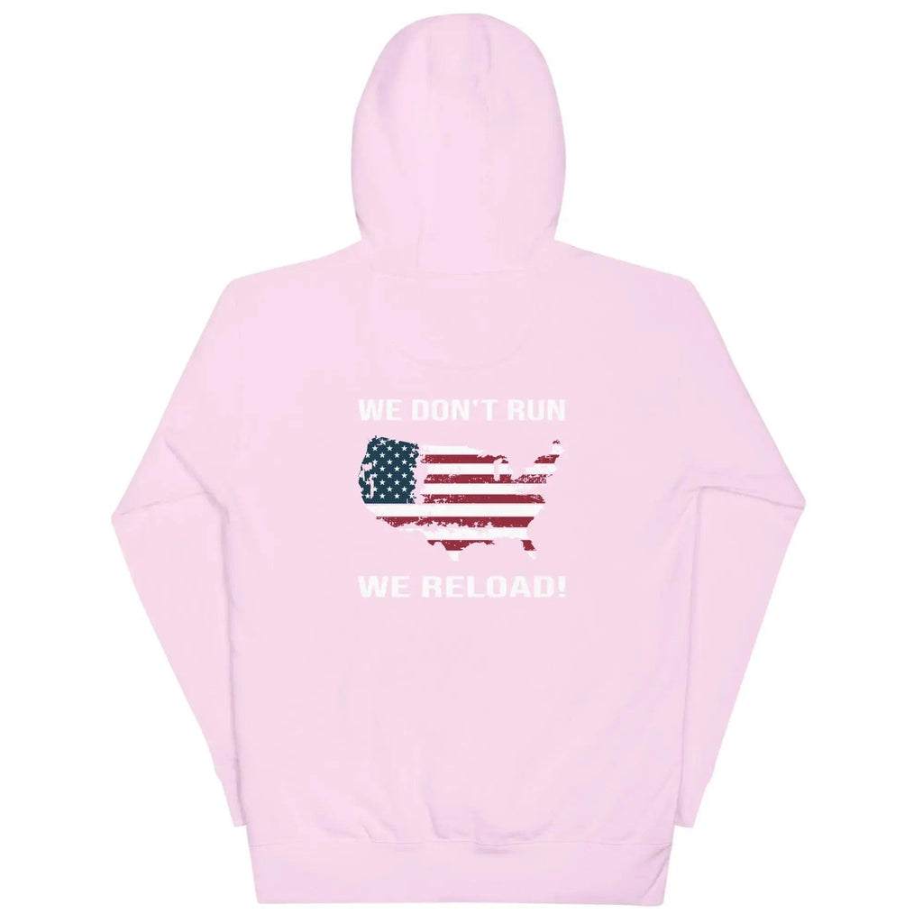 Back of a woman's lavender patriotic hoodie with the silhouette of America with the flag on it. And the text "We Don't Run, We Reload." 