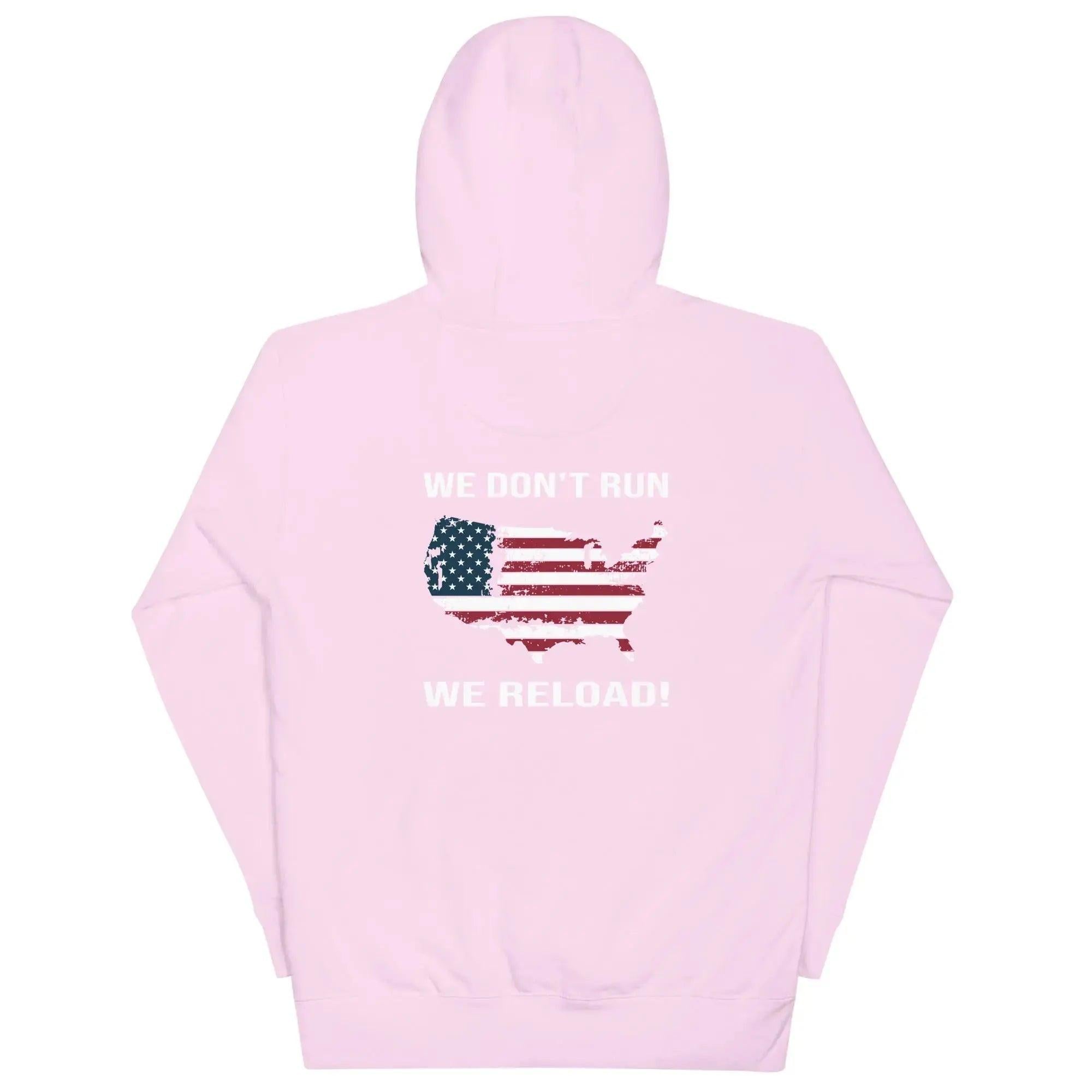 Back of a woman's lavender patriotic hoodie with the silhouette of America with the flag on it. And the text "We Don't Run, We Reload." 